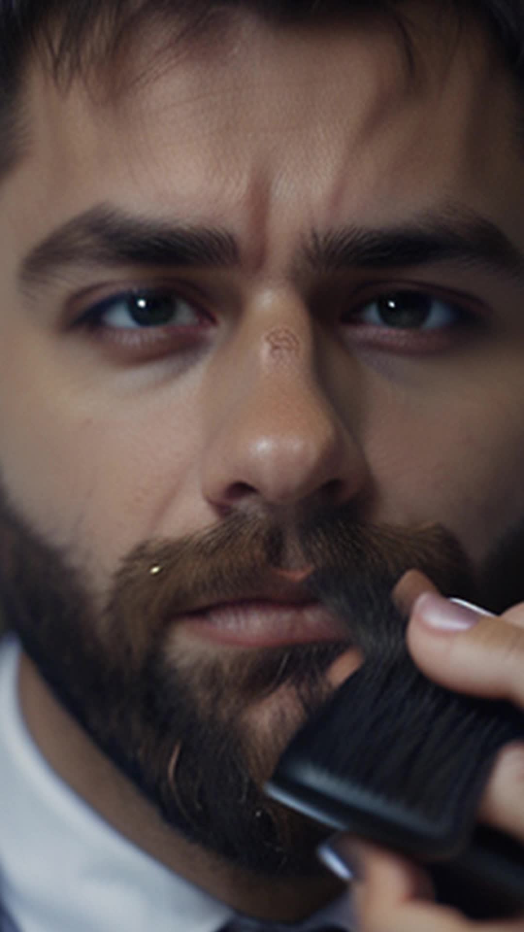 Meticulous businessman grooming beard, feeling surge of competence, close up, modern office setting