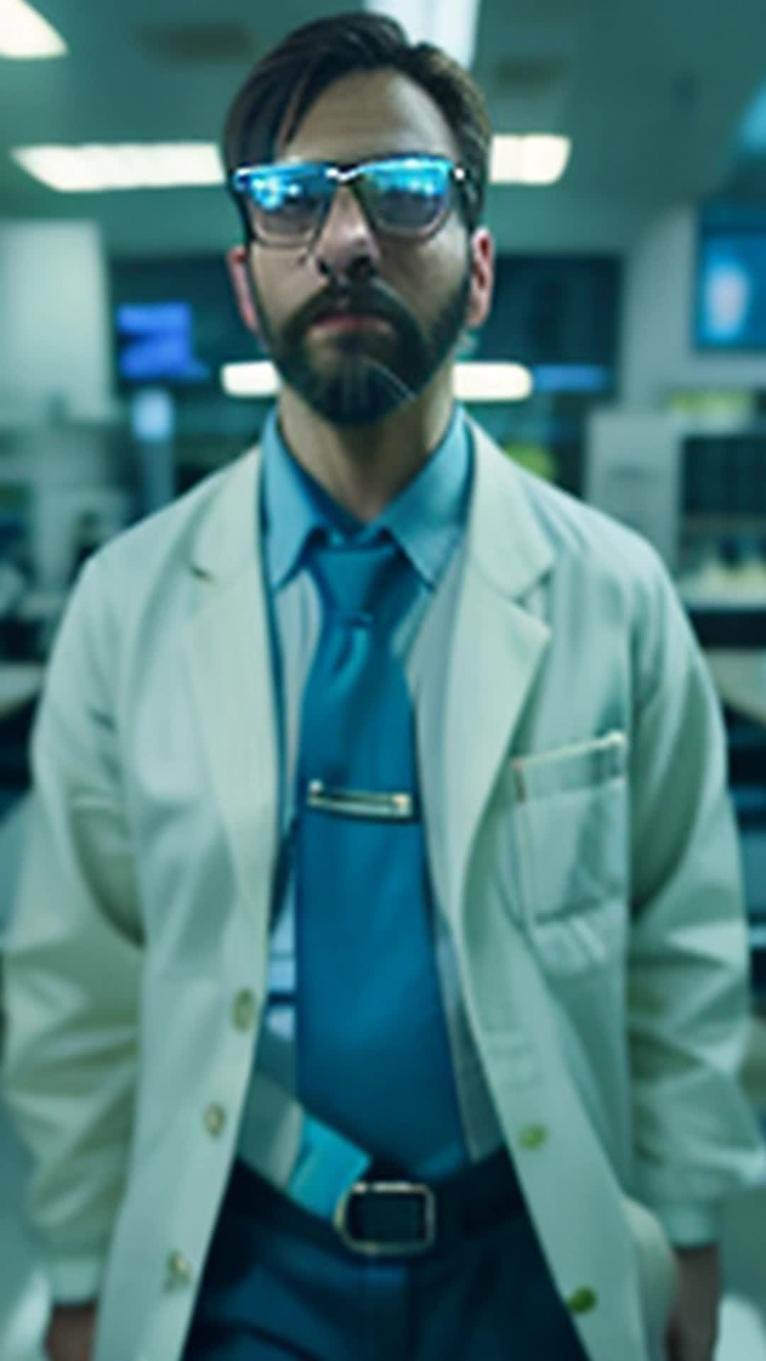 Quirky scientist in lab coat demonstrates AI-enhanced socks adjusting tightness wide angle bustling tech conference hall