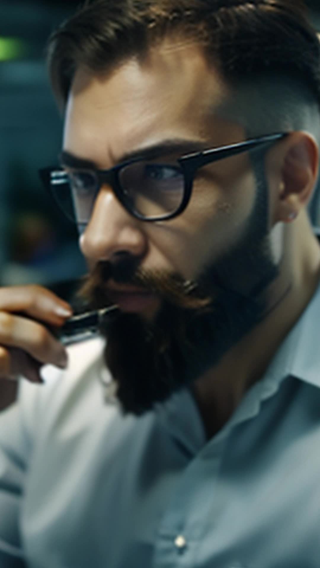 Disciplined employee trimming beard, translating grooming into productivity, fpv, dynamic workplace atmosphere