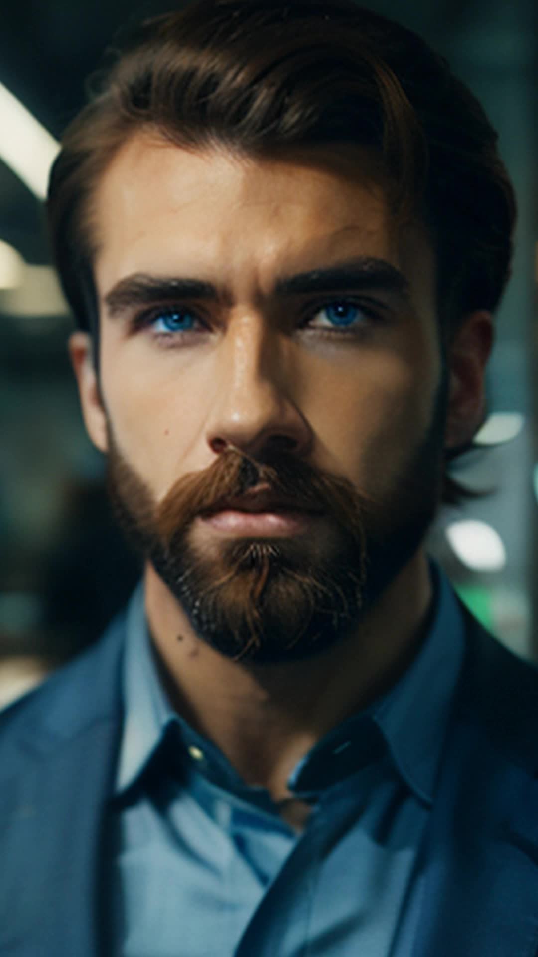 Confident professional man styling facial hair, enhancing self-image, wide angle, bustling corporate environment