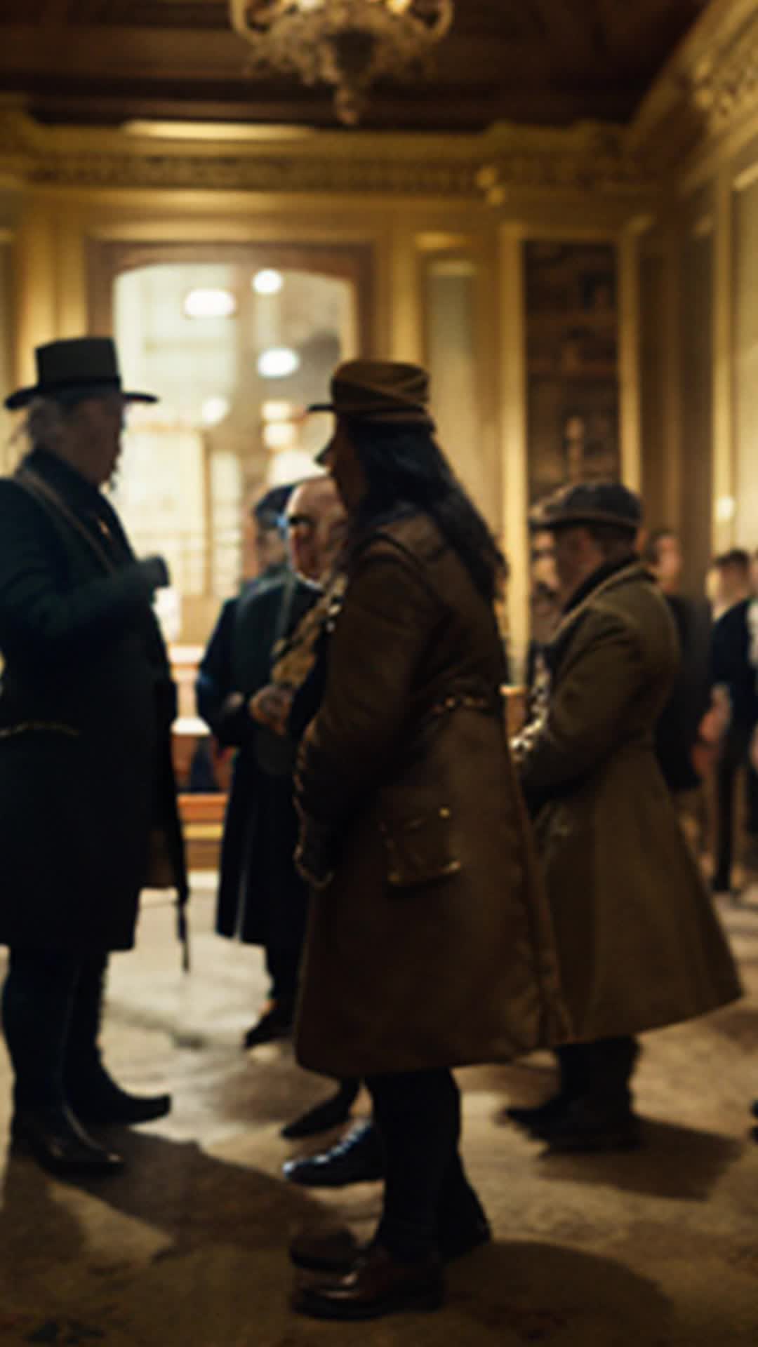 Historical figures from various eras dressed in period attire discussing grooming wide angle opulent ancient hall