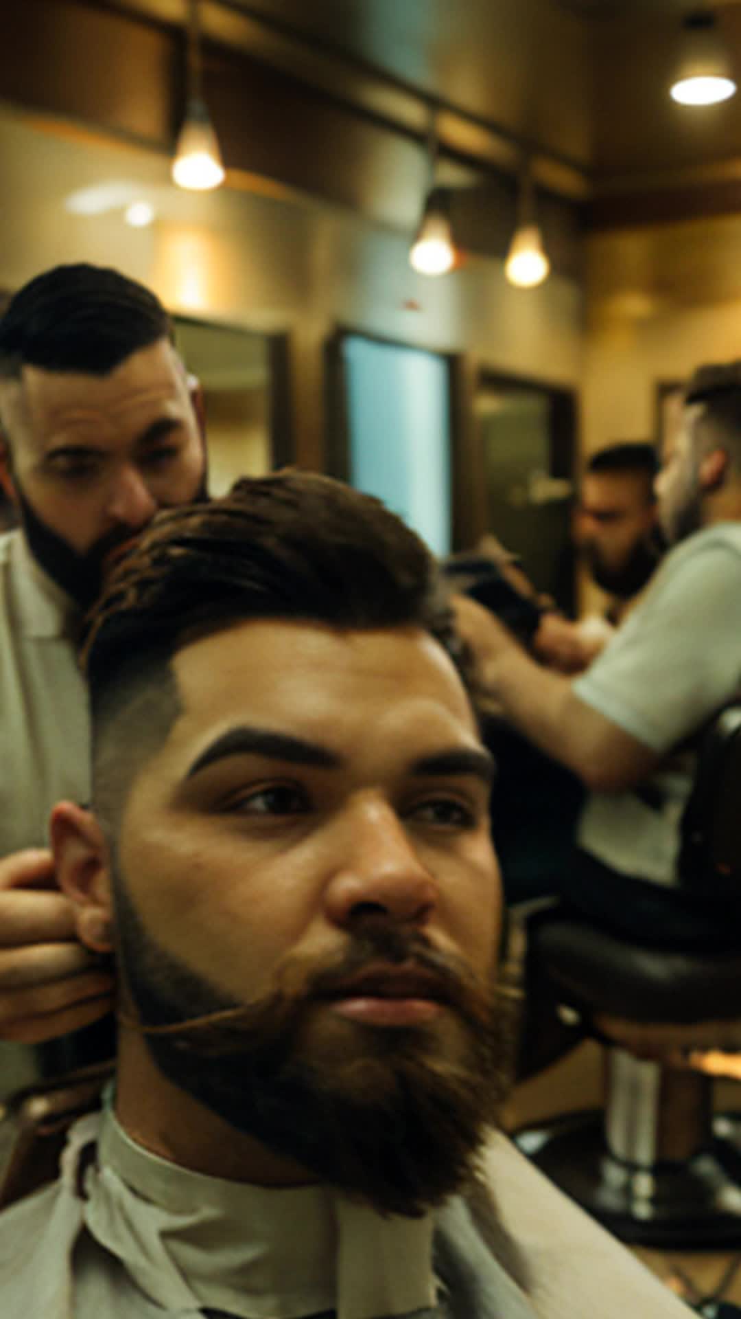 Diverse group of men grooming beards enhancing appearance wide angle traditional barbershop setting