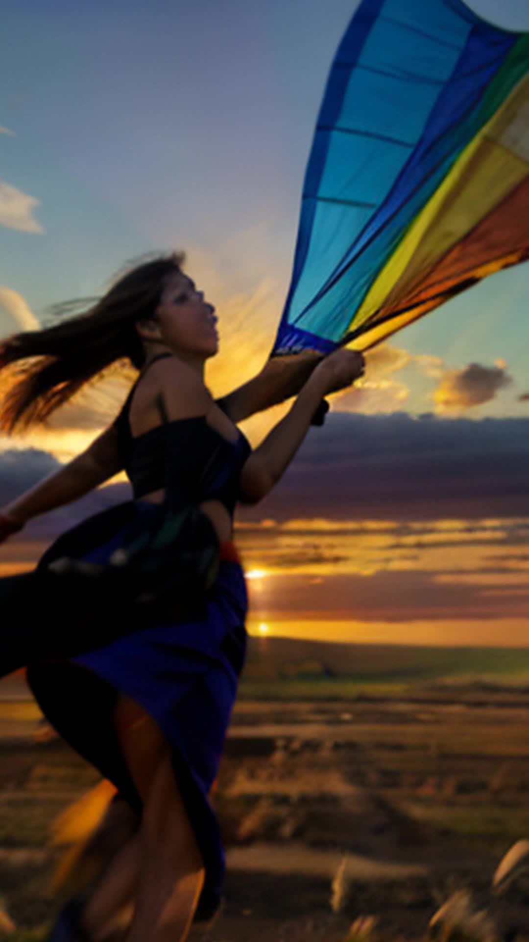 Lila determined Texan filmmaker charges across windswept plains El Viento camera in hand capturing vibrant kites dancing sky wide angle windswept plains vibrant kites fluttering above