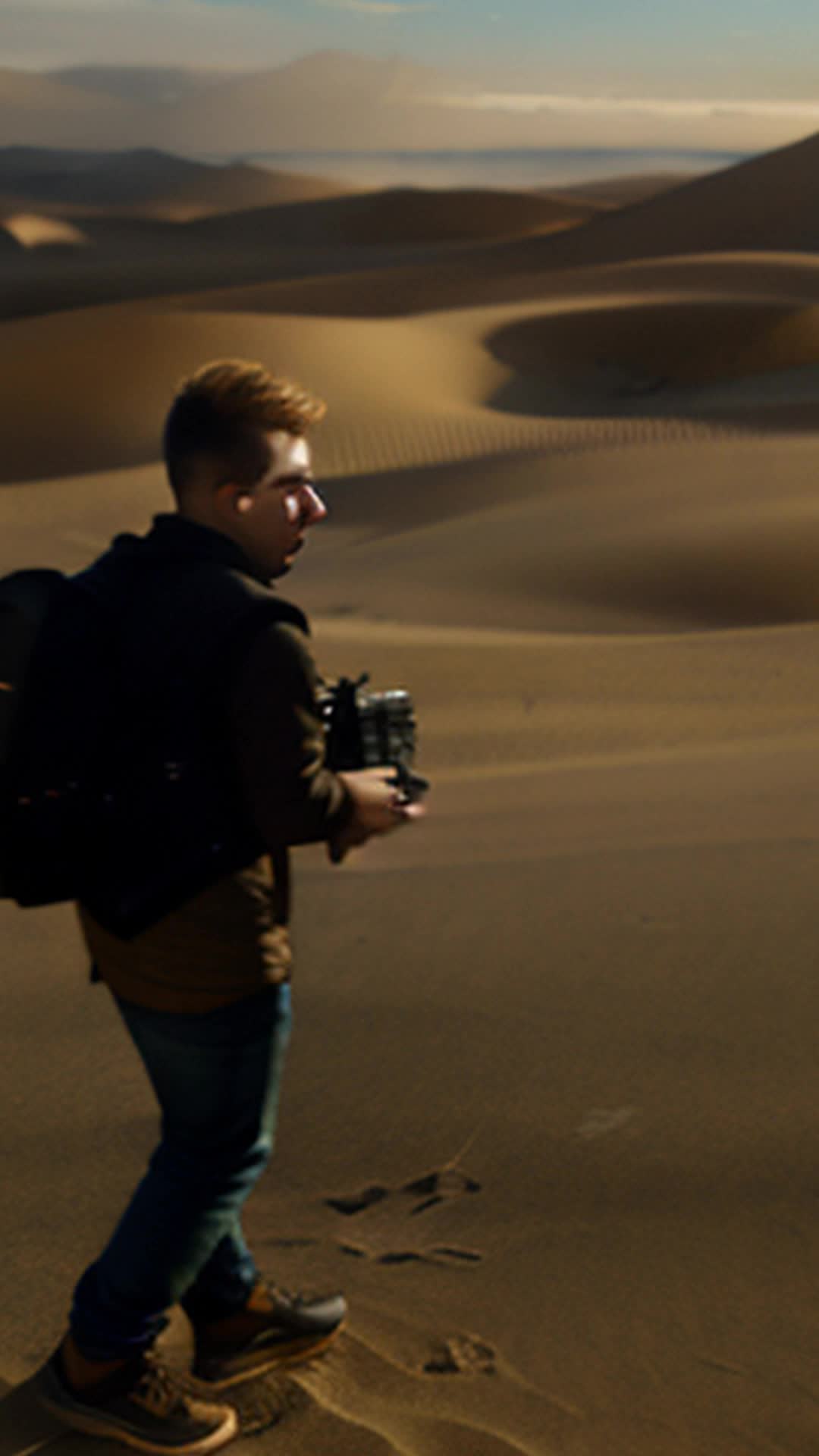 Filmmaker darting between equipment, capturing glistening hints of treasure, wide angle, wind-swept sandy landscape