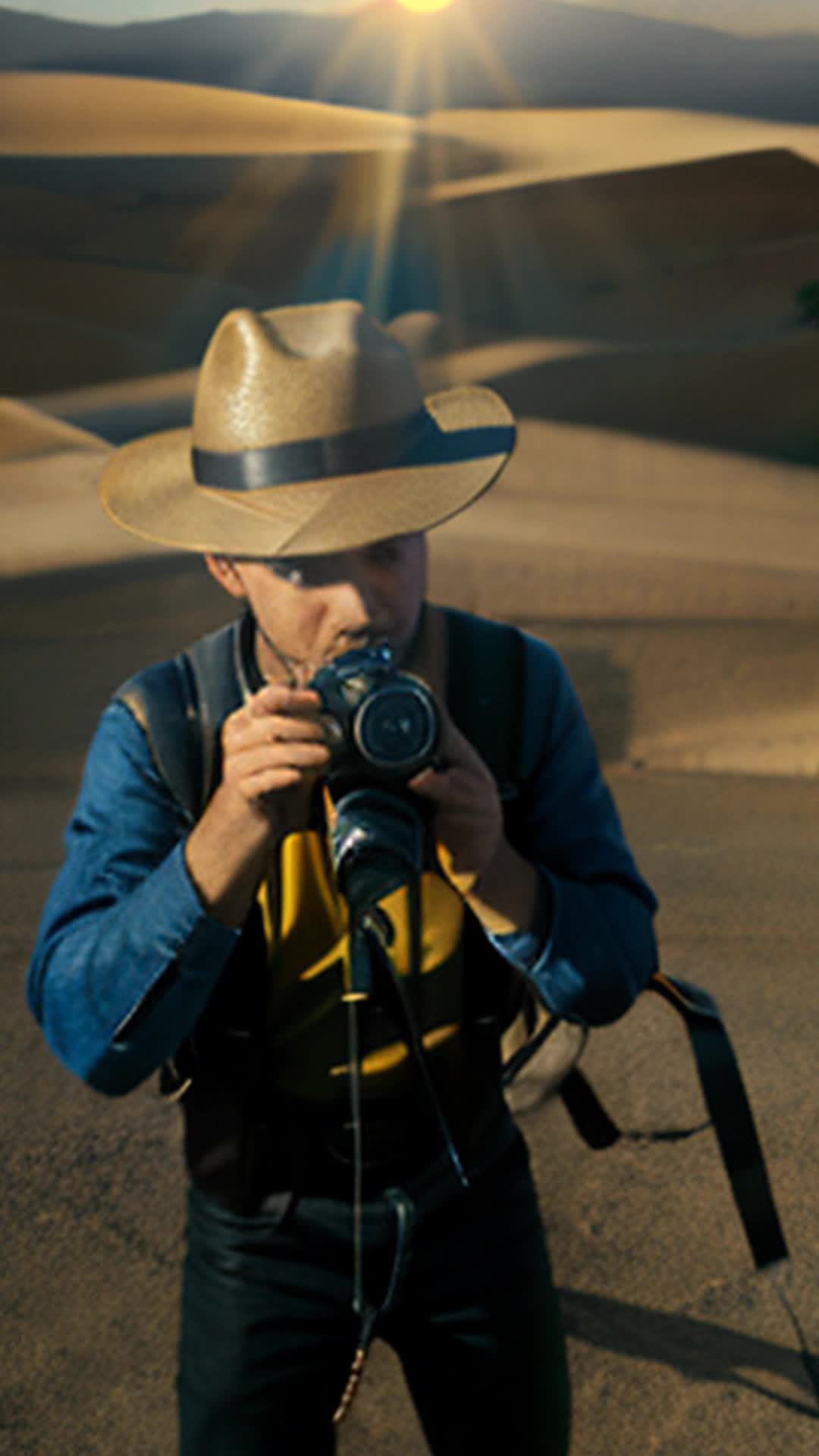 Sun-scorched hill in West Texas, filmmaker setting up camera, wide angle, shimmering Mirage Vista