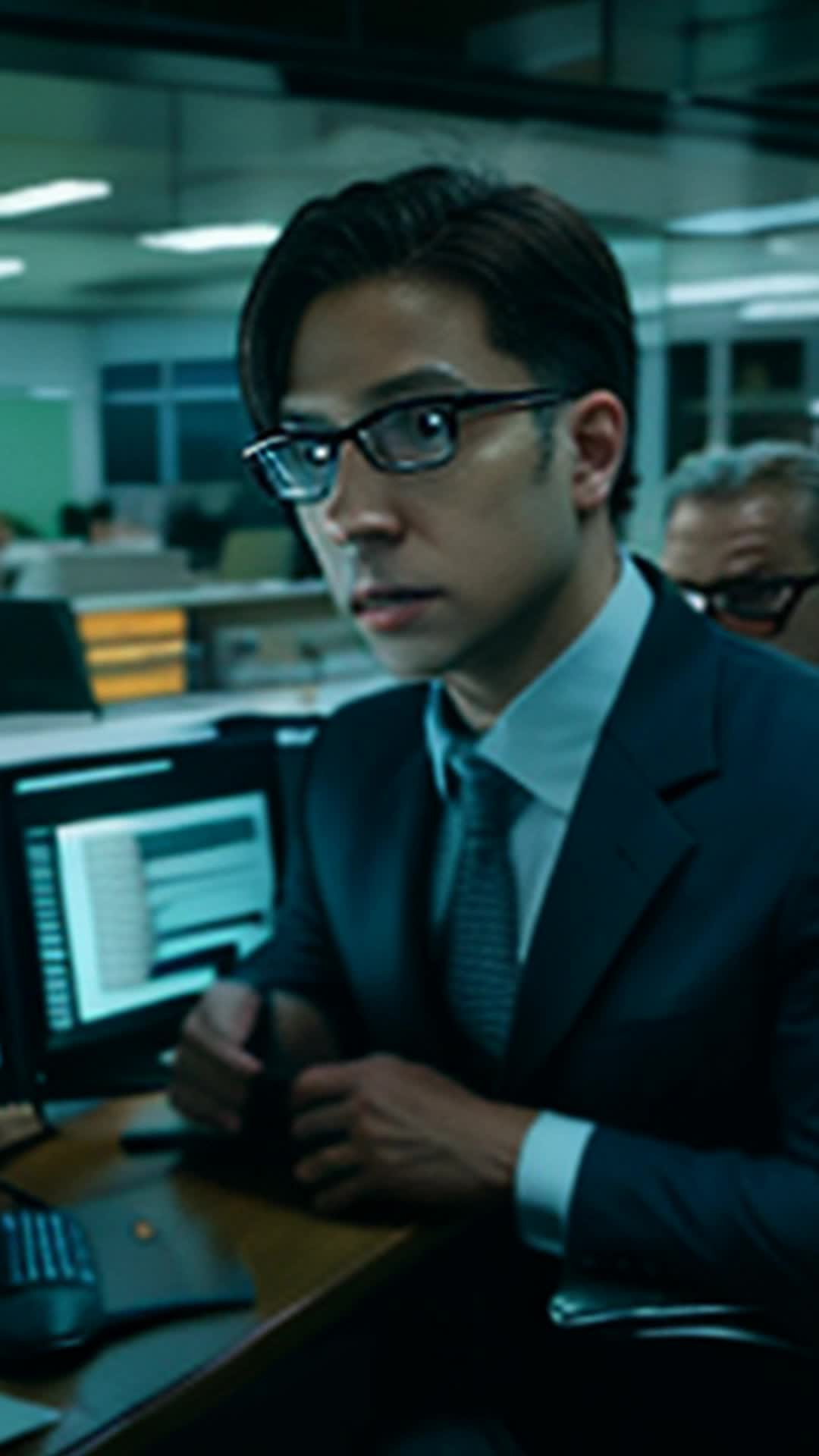 Seasoned Federal Reserve officer in dimly lit data room hastily scanning rows of financial data wide angle cluttered office space with multiple screens displaying graphs and numbers