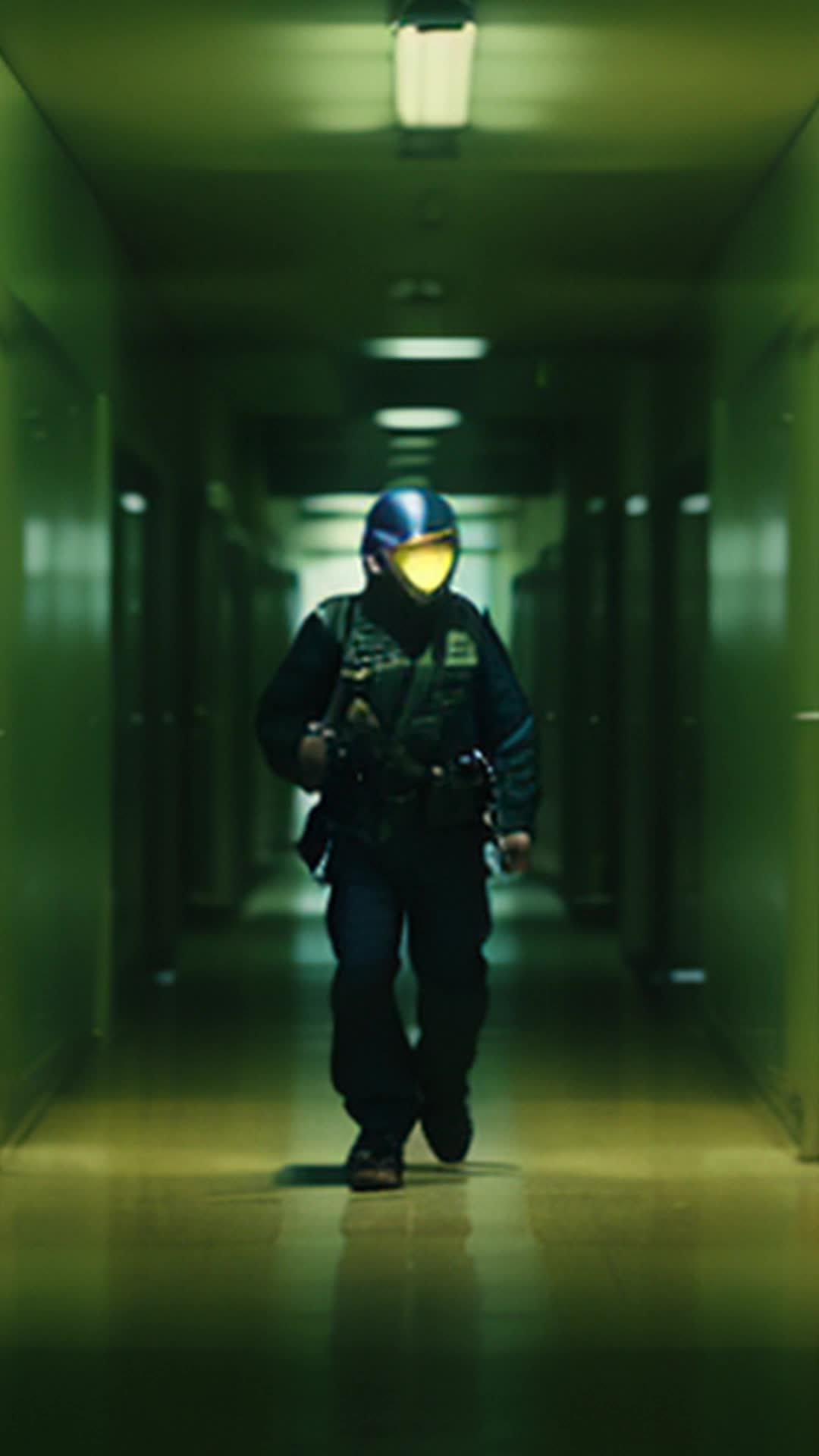 Determined officer maneuvering through shadowy corridors dodging unseen threats fpv dark and narrow hallway lined with closed doors and flickering lights