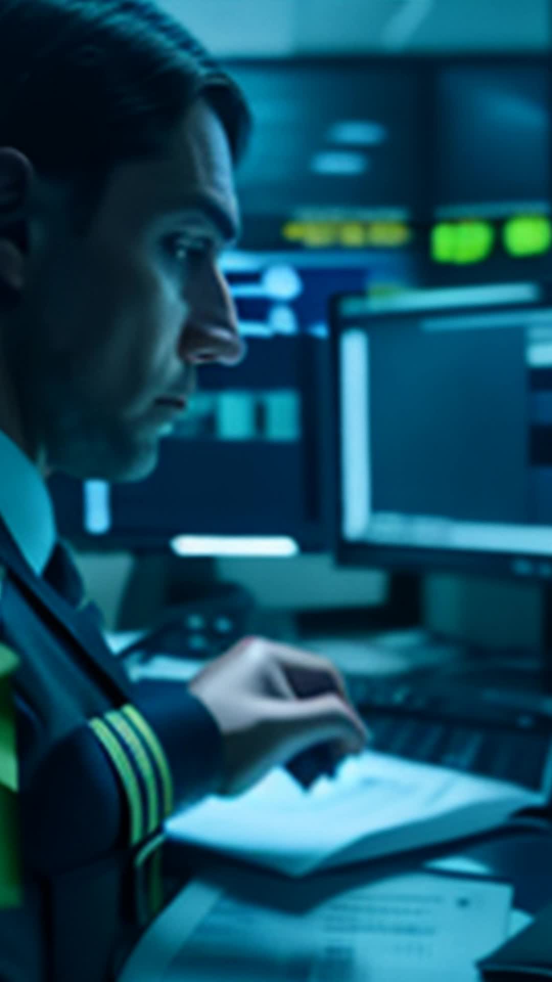 Nervous officer stealthily photographing incriminating evidence hands trembling with each camera click close up shadowy data room filled with financial documents and computer screens