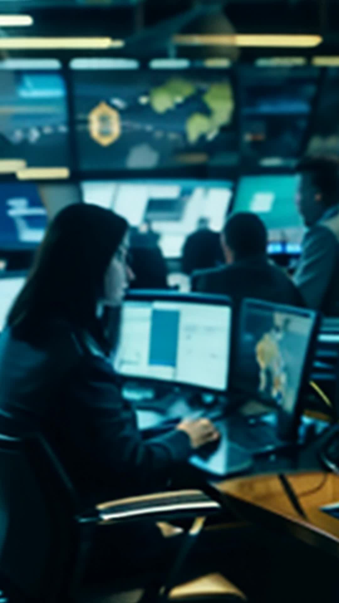 Focused cybersecurity team with Interpol agents, launching counter-offensive against hackers, wide angle, bustling high-tech operations center with world maps and digital screens