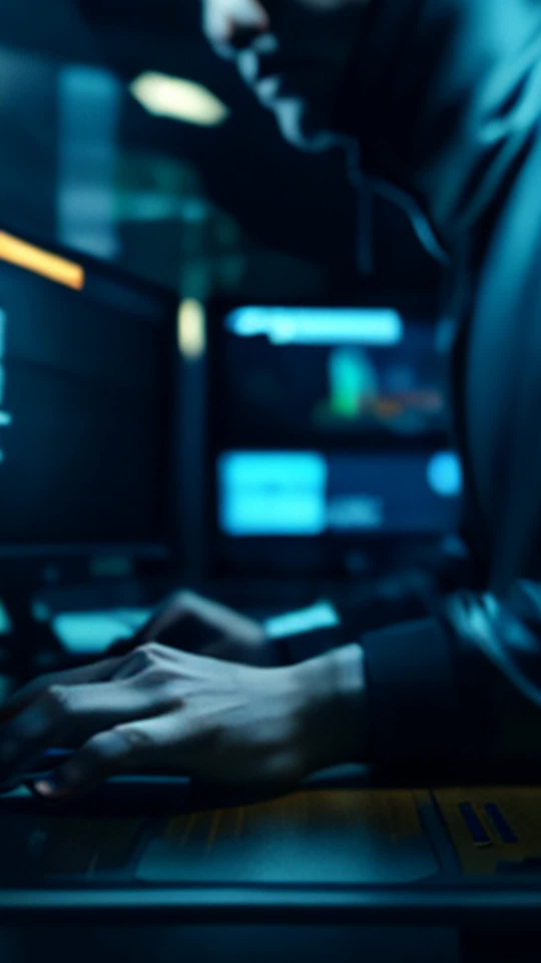 Diligent cybersecurity expert in dimly lit security hub, fingers racing across keyboard, tracing cyber breach origin, close up, high-tech security monitors and shadowy ambiance