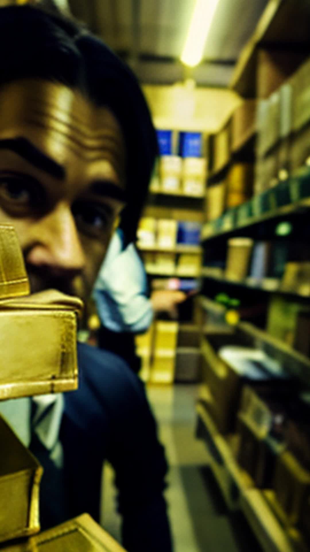 Secret truths about nation's gold reserves revealed, junior analyst's eyes widening in shock, close up, shadowy background with towering shelves of old documents