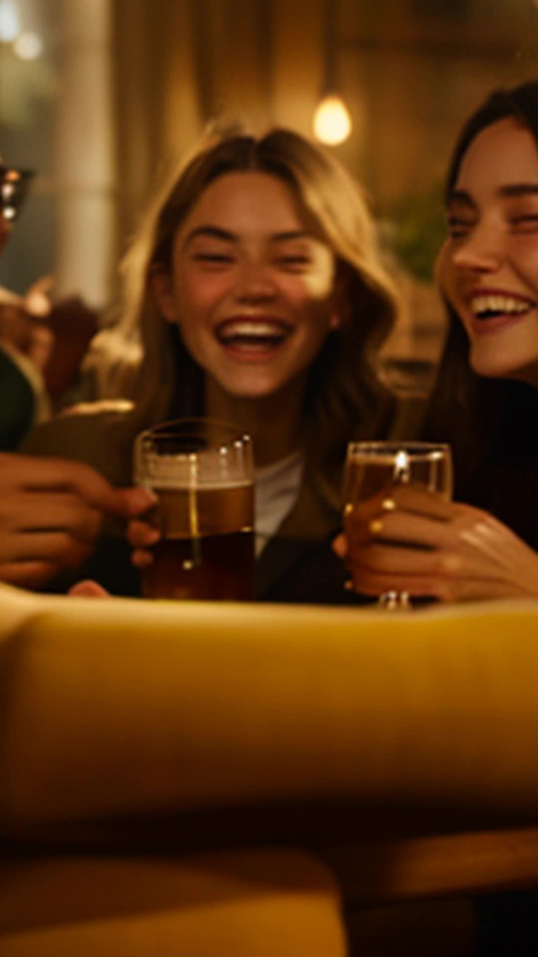 Group of friends clutching glasses, eager expressions, Jane passing IPA to Alex, laughter echoing, close up, cozy living room with warm lighting and comfortable furniture