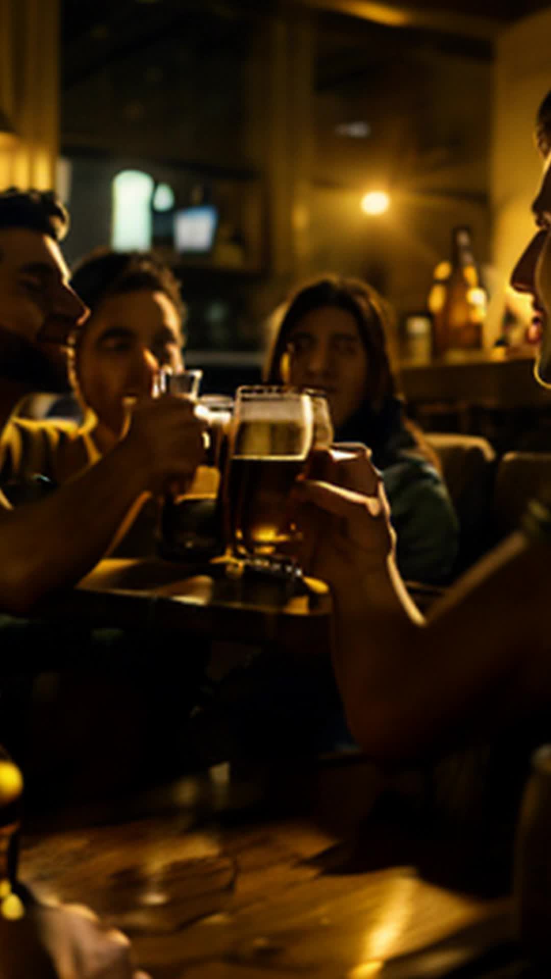 Friends bonding over beer, sharing stories, raucous cheers, wide angle, living room at night, intimate ambiance with dim lighting and scattered beer bottles