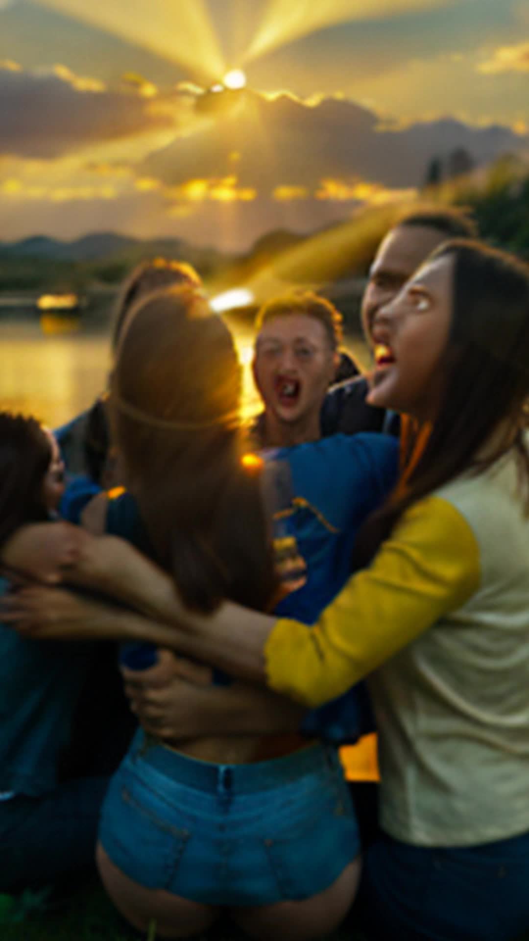 Joyful chorus echoing from beer-holding individuals, feeling hearty embrace of friendship, wide angle, scenic riverside with sun setting