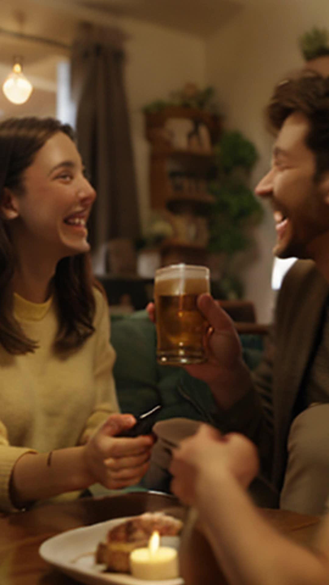 Jane enthusiastically handing IPA to Alex, friends scribbling critiques, laughter filling the room, close up, cozy living room adorned with casual decor and soft lighting