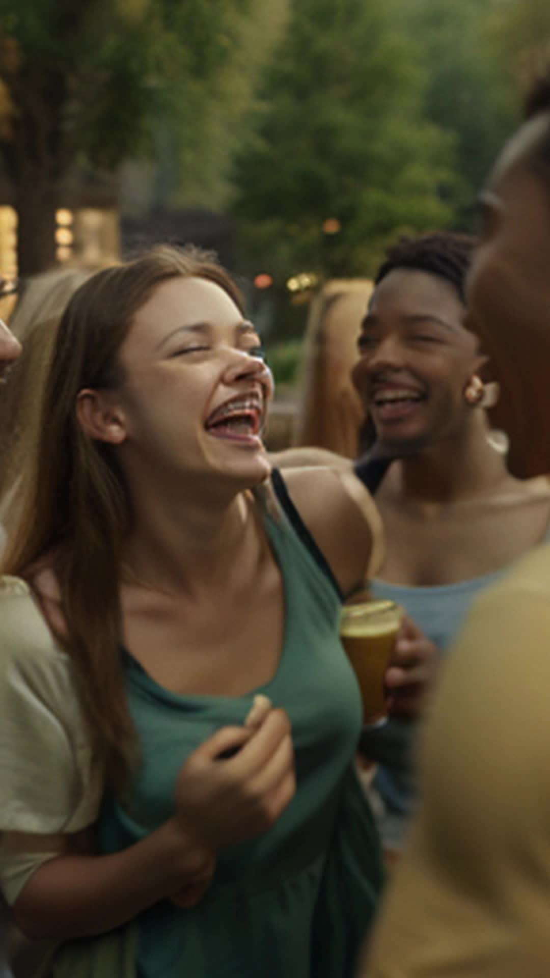 Laughter erupting from group, secrets spilling in lively chatter, wide angle, vibrant riverside ambiance