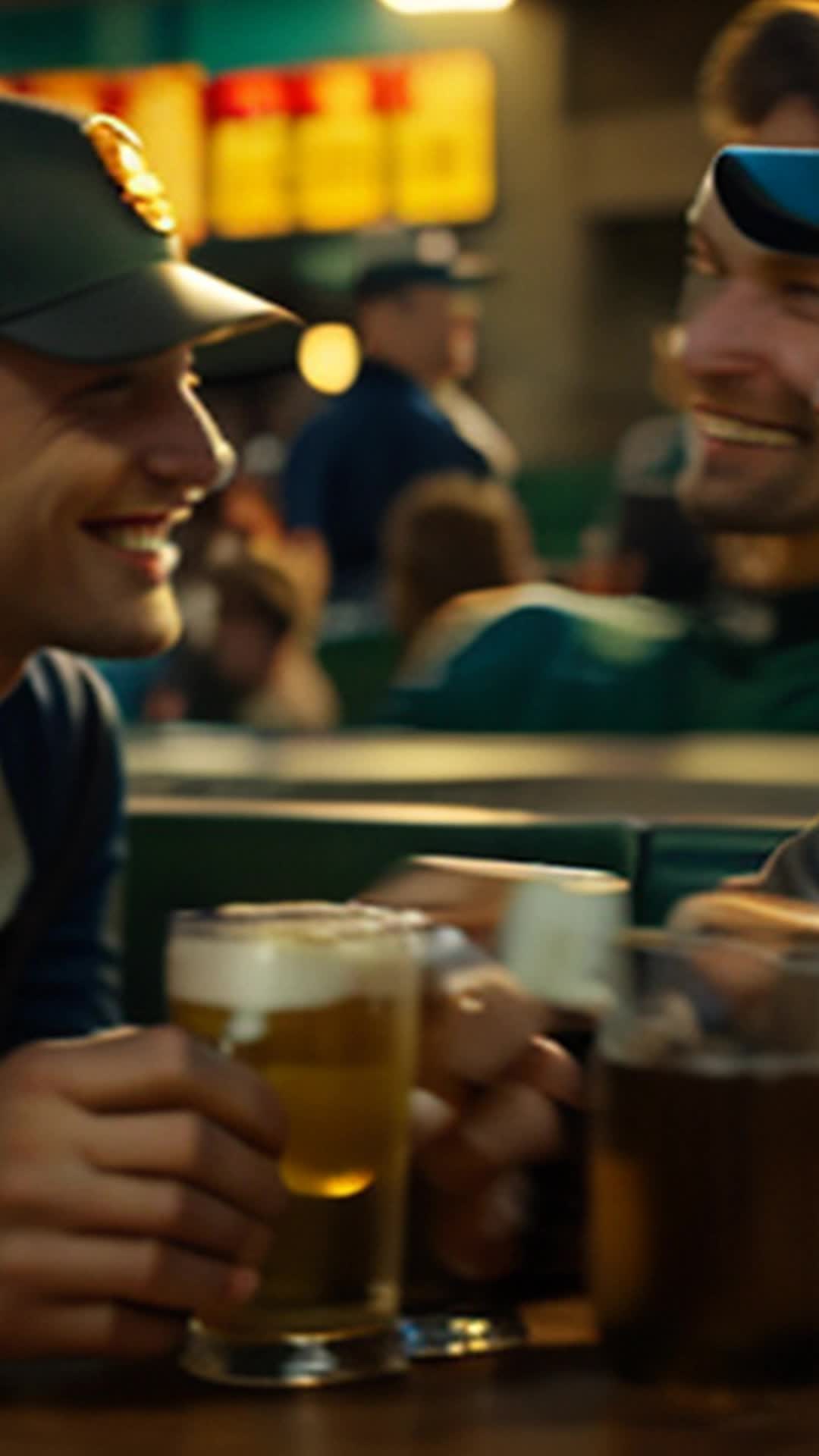 Two friends reminiscing, Sipping ale and sharing stories, Close up, Background of a lively baseball game with spectators