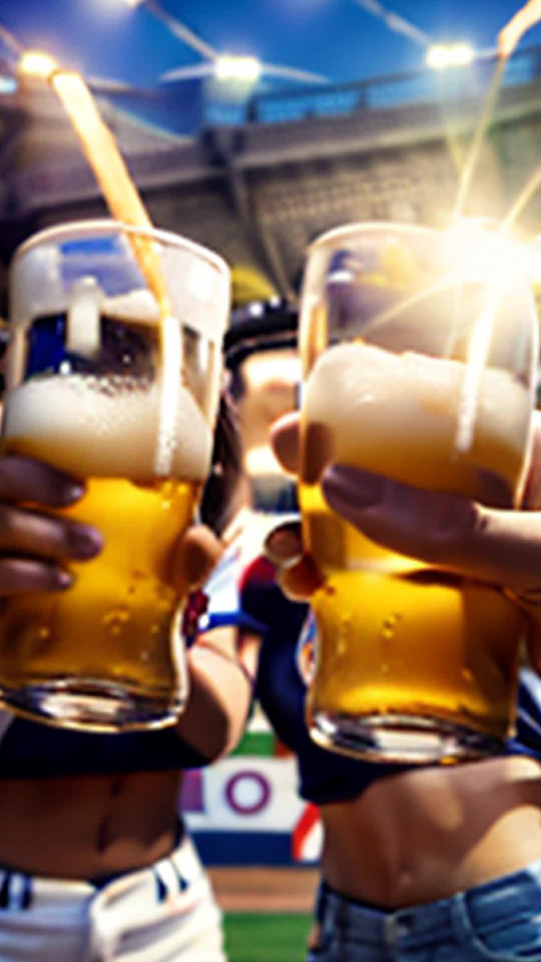 Two friends with glasses of local ale, Toasting to a home run, Wide angle, Baseball stadium packed with cheering fans