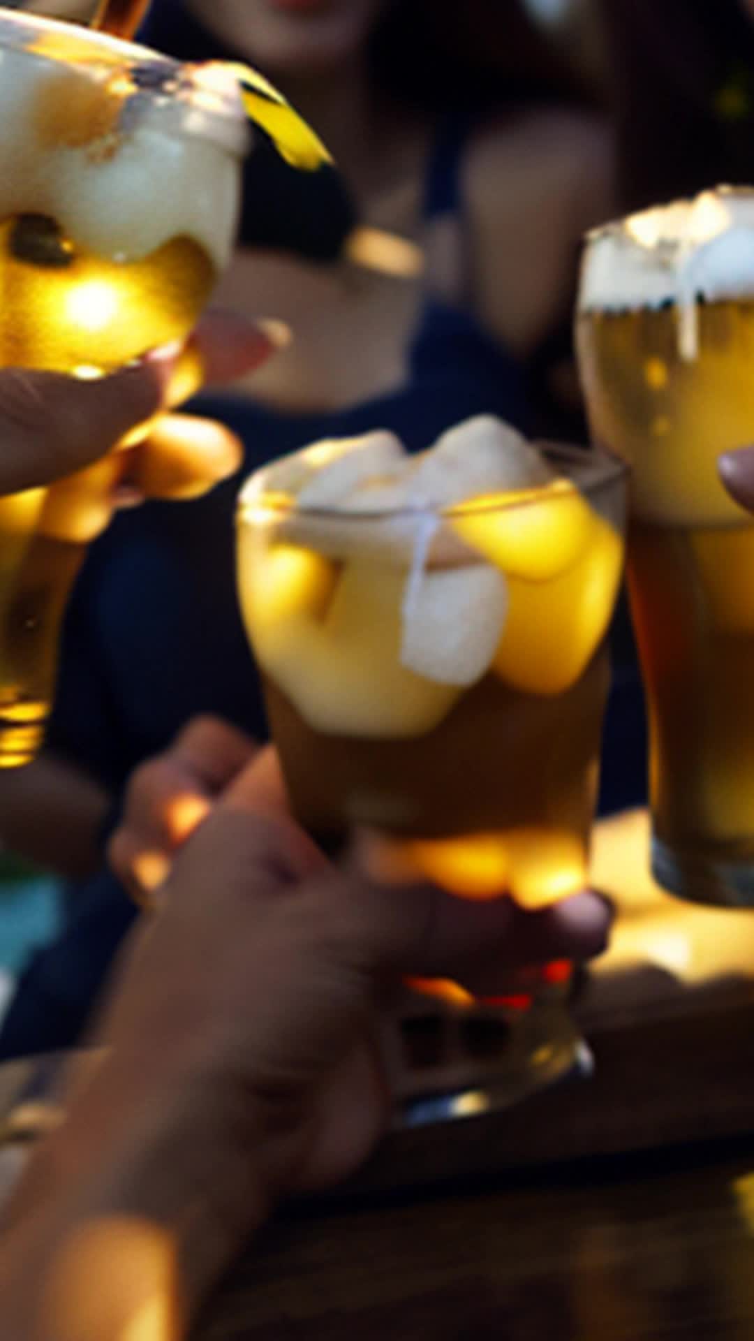 Group of friends clinking craft beers, cheerful clang resonating, close up, warm sunlit riverside