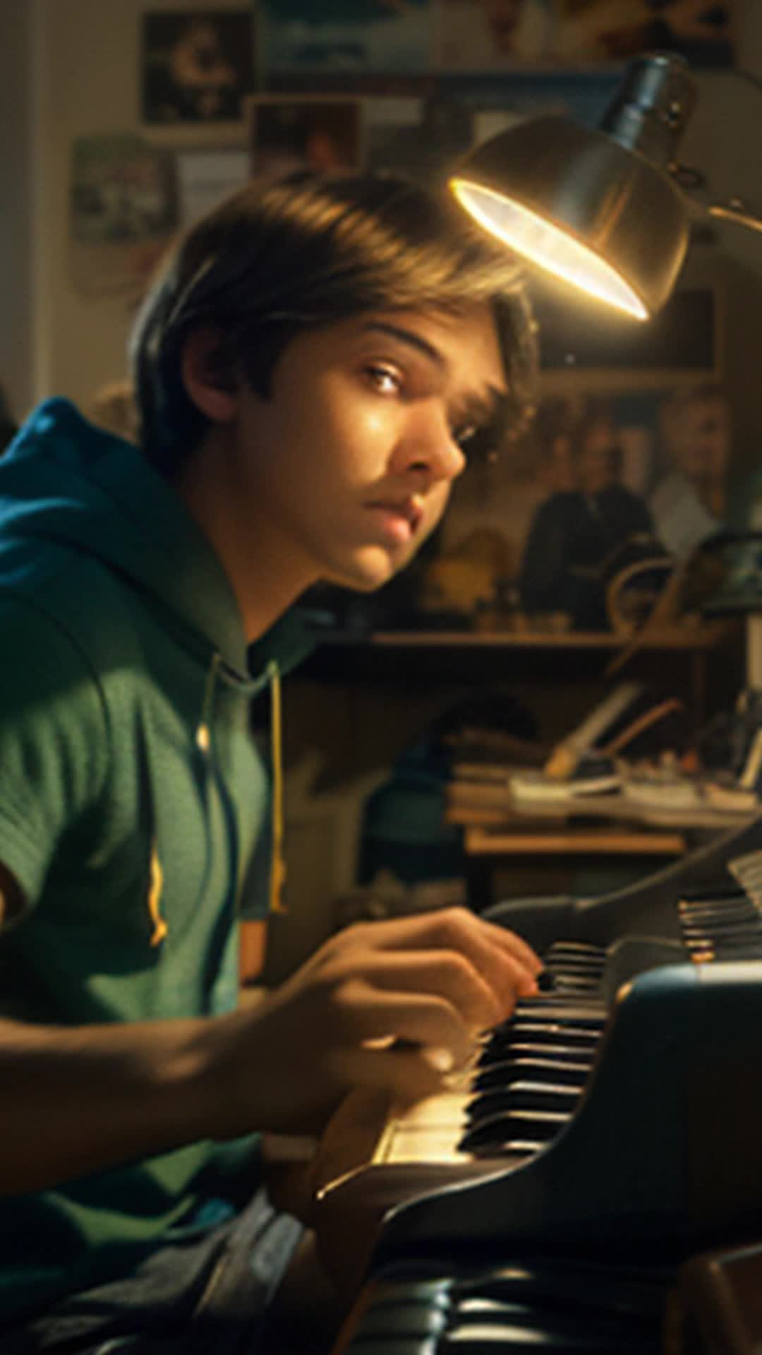 Young Leo, 12, fervently tapping on vintage keyboard, Soft glow from bedroom lamp illuminates his focused face, Close up, Cluttered teenage bedroom filled with music posters and tech gadgets