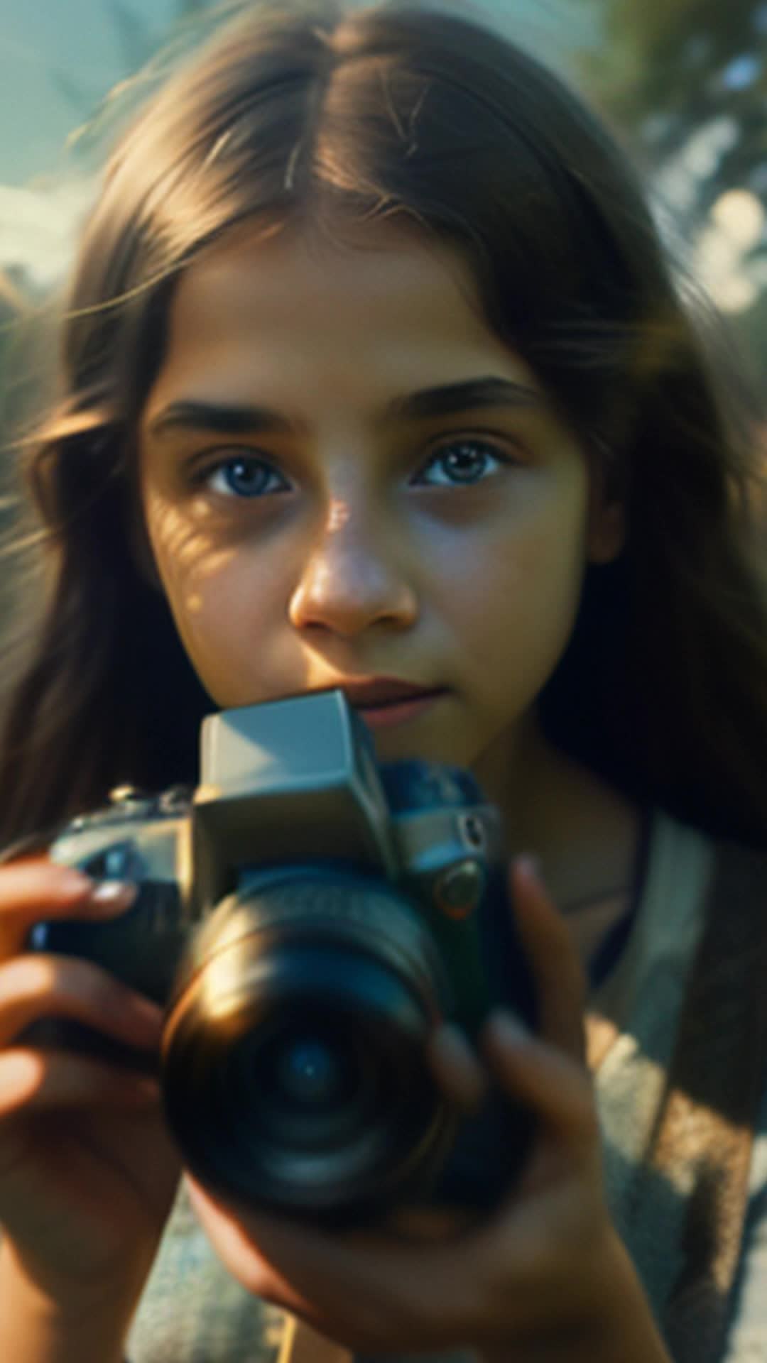 Young girl clutching an old dusty camera fumbles with settings captures interplay of light and shadow wide angle sunlit expansive meadows vibrant colors painting her world with each shutter click whispers of burgeoning passion exploring through the lens