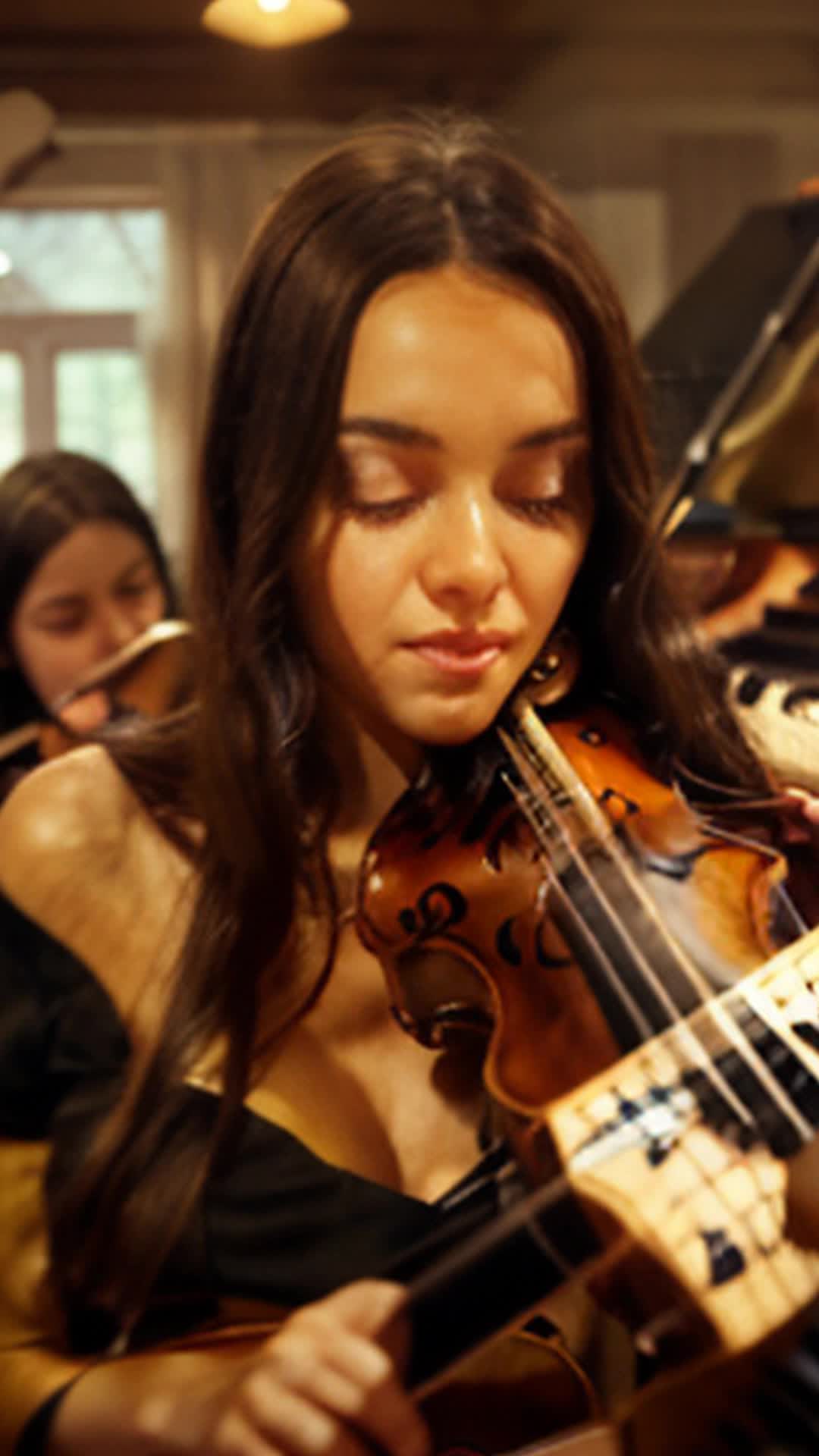 Proud music teacher, timid students turning bold, fingers striking chords, weaving vibrant melodies, filling room with energy, close up, music room alive with creative energy and resonant sounds