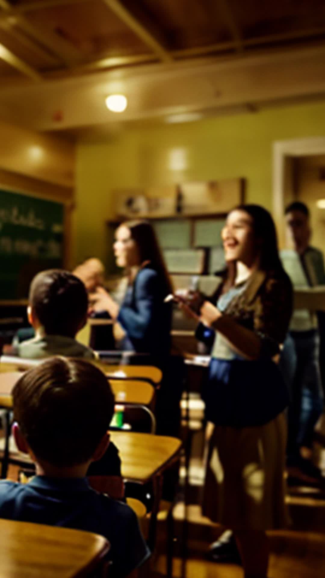 Enthusiastic music teacher, eager parents, curious children, doors swinging open, eyes sparkling, crowd flooding in, wide angle, newly inaugurated music room bustling with anticipation