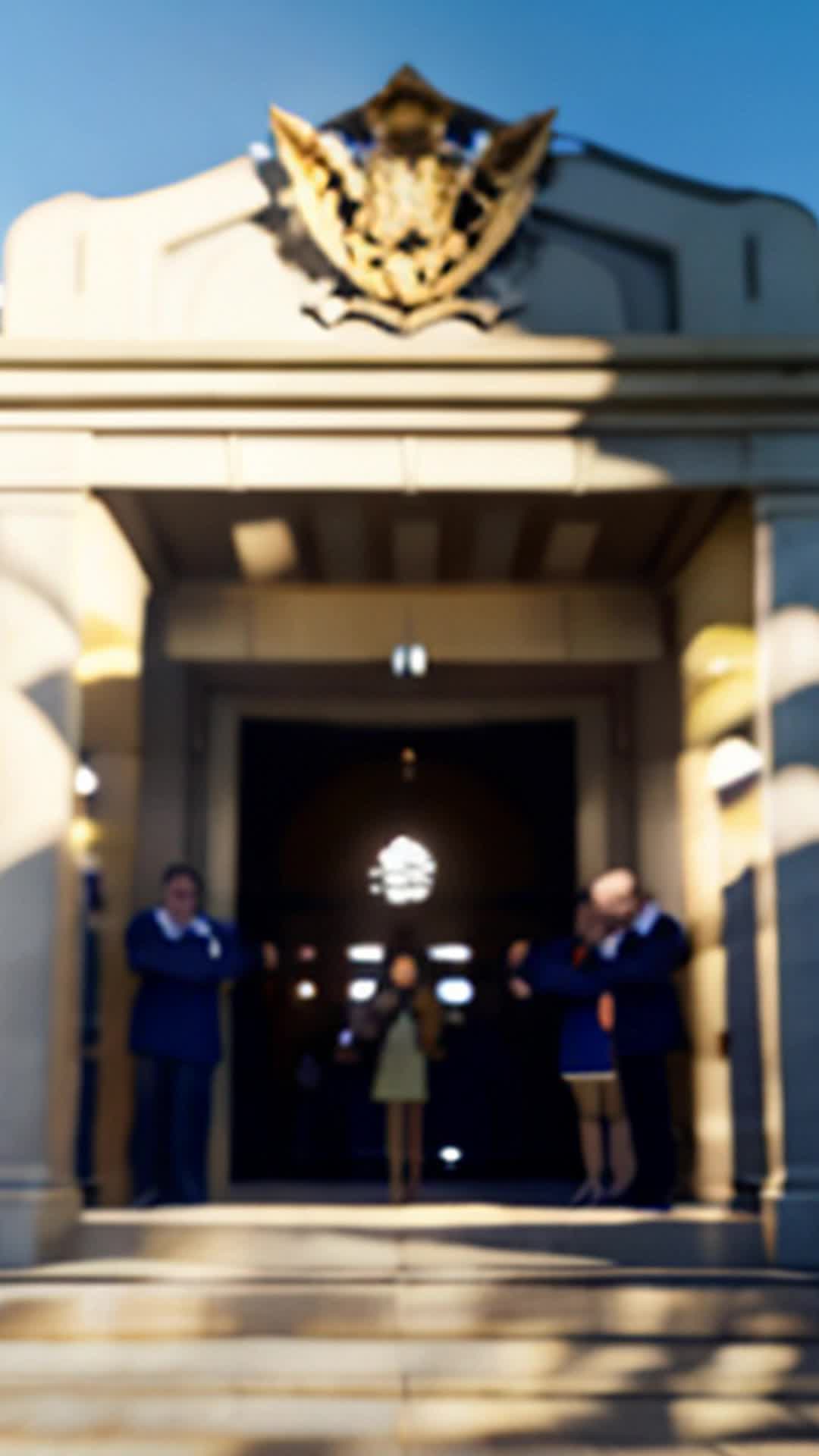 Group of parents bursting into cheers at academy gates, Envisioning children as future artists, Wide angle, Grand entrance of the newly opened academy adorned with banners and sculptures