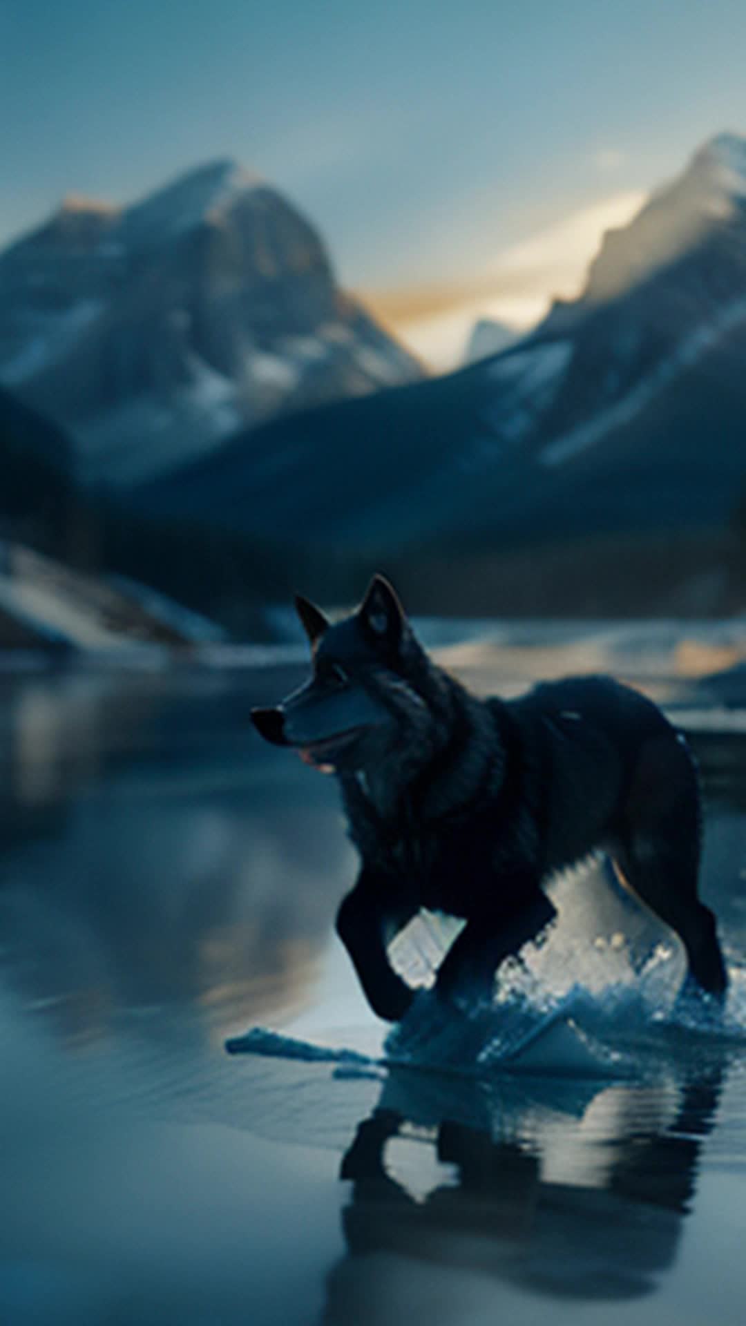 Elusive wolf leaping over icy streams wide angle twilight shadows of Canadian Rockies