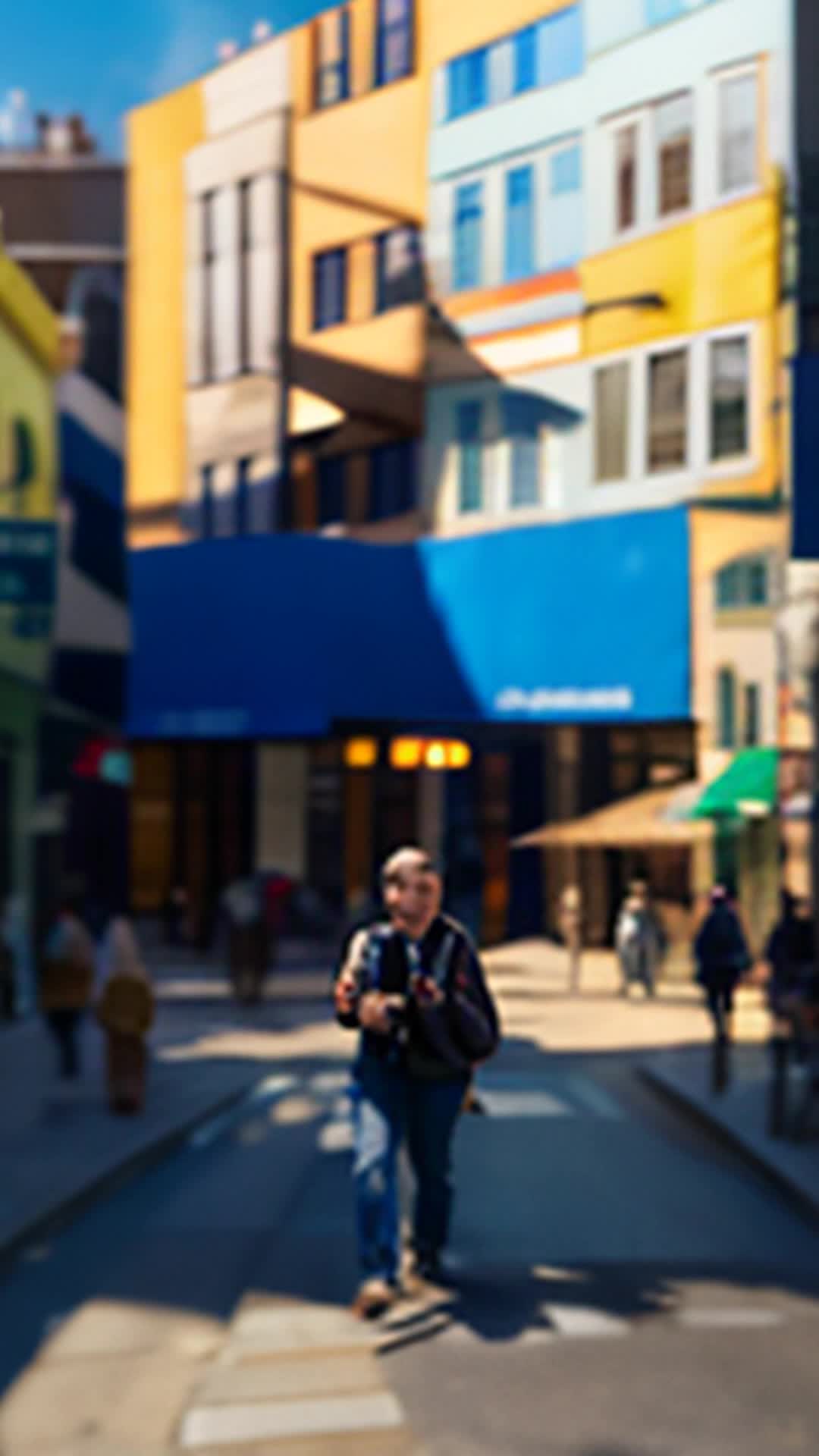 Eager parents marching toward academy, eyes sparkling with anticipation, Wide angle, Bustling city streets lined with vibrant murals and bustling cafes