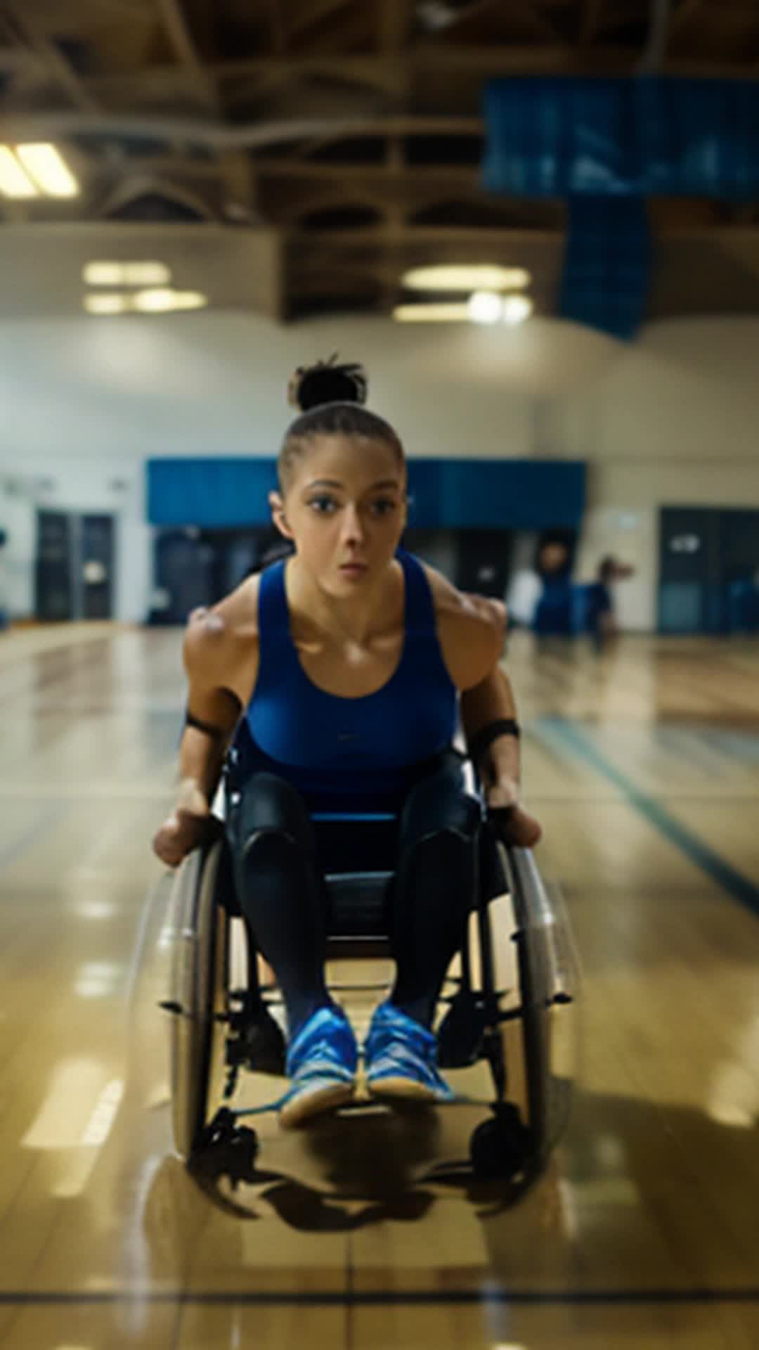 Celebrated gymnast in wheelchair, sprinting fiercely, Wide angle, Crowded gym bustling with activity