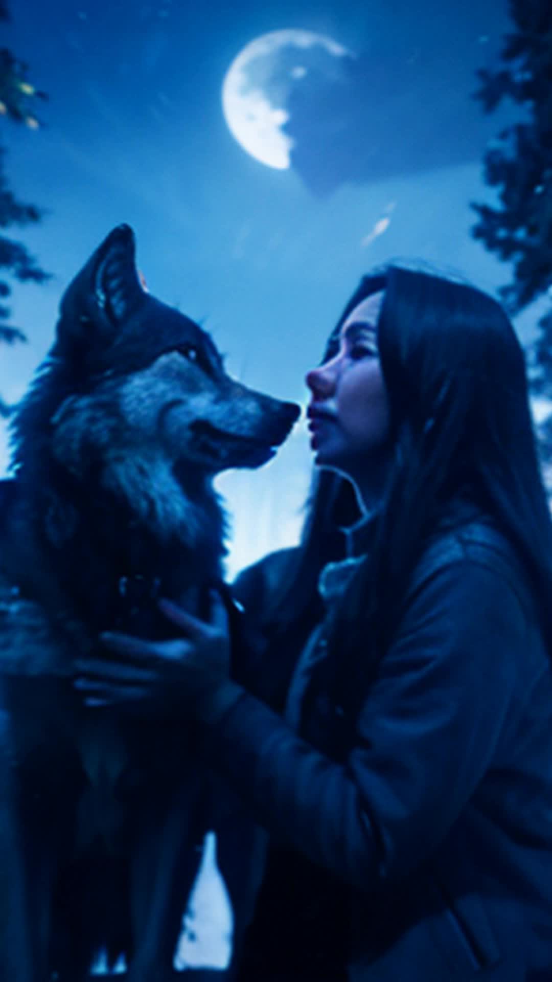 Girl and wolf meeting under silver moonlight wide angle heart racing with excitement and fear in sacred clearing