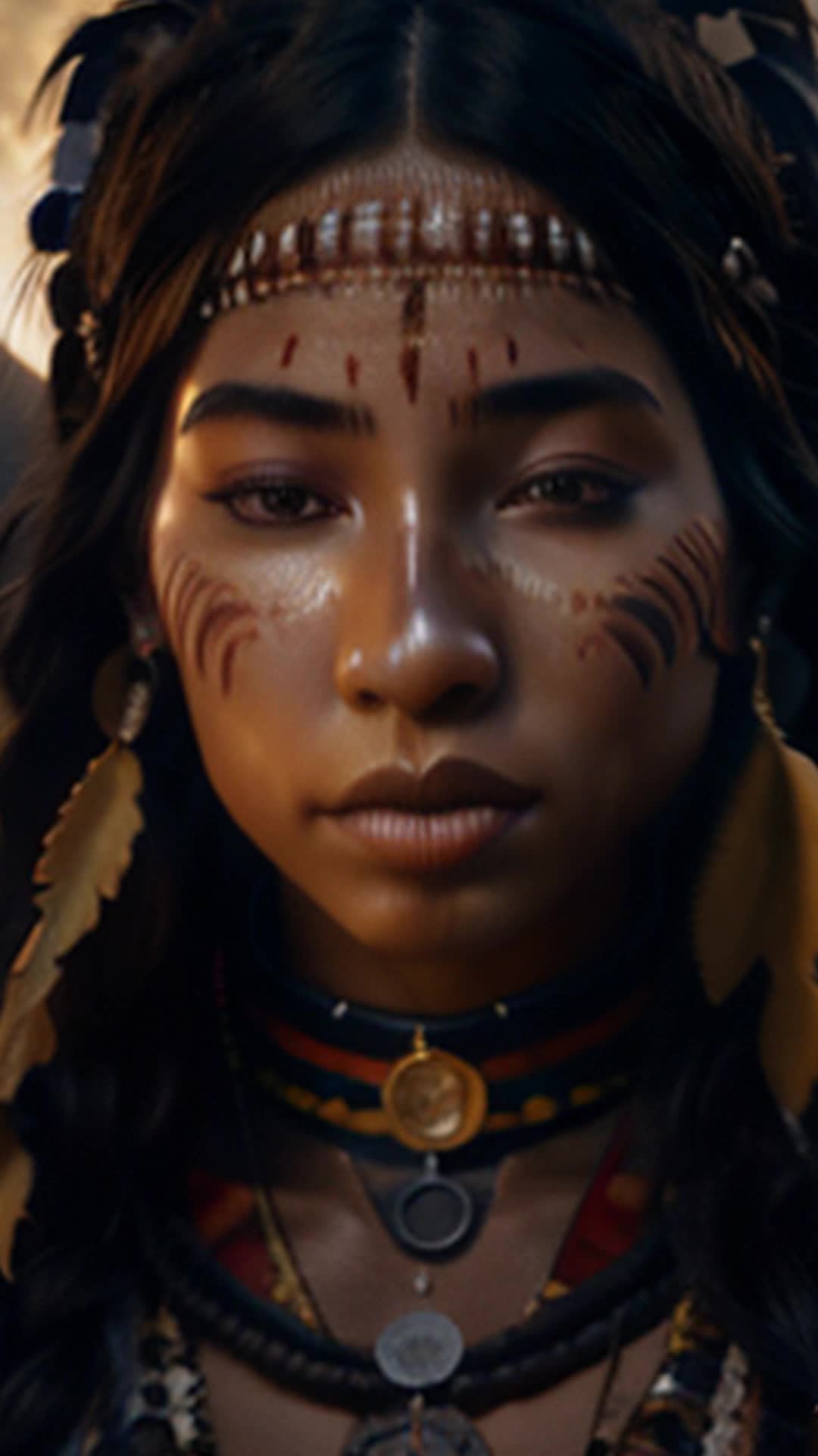 Young Indigenous girl filled with ancestral visions close up full moon illuminating sacred clearing