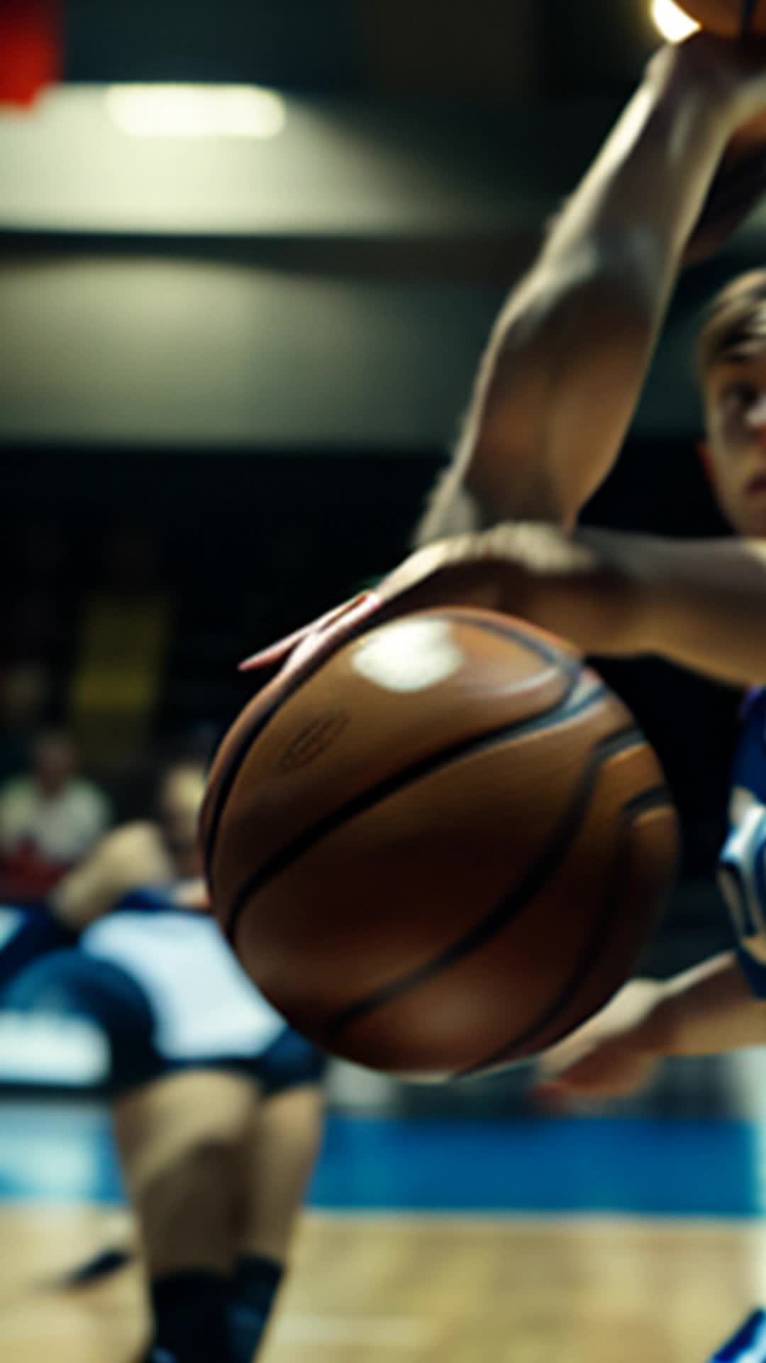 Gymnast gripping basketball, weaving through opponents expertly, Close up, Opponents in motion blur background