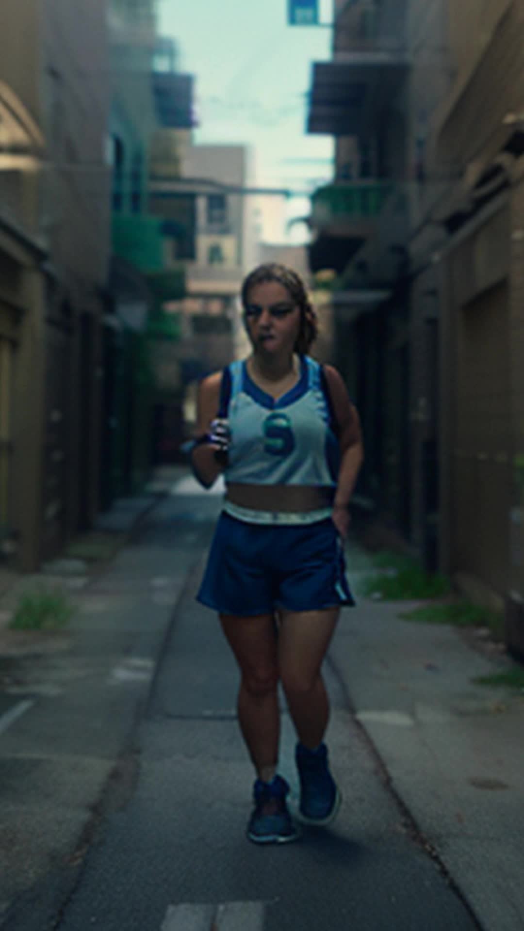 Maya in athletic gear dashes through alleyways wide angle deserted urban alleyways with graffiti