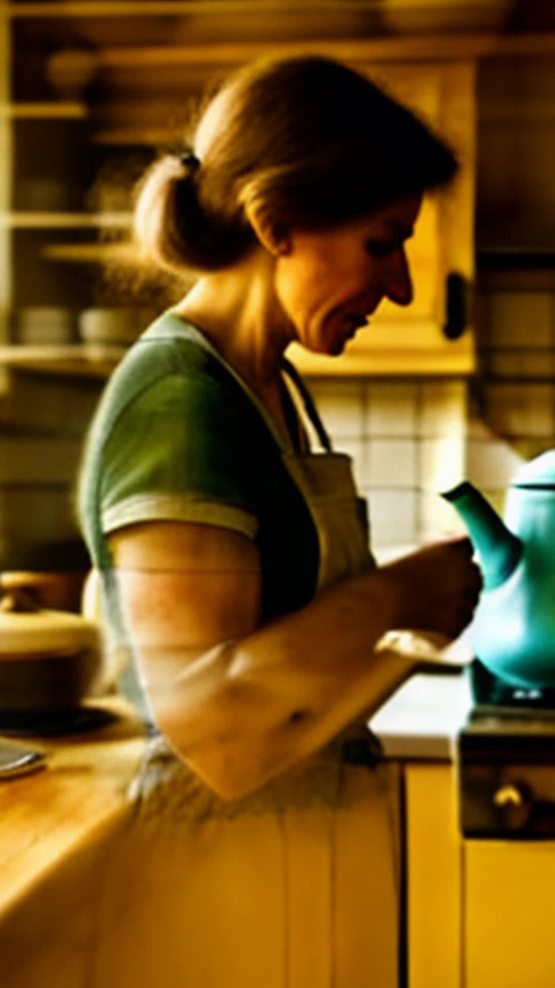 Helen in her quaint kitchen, early morning light casting shadows, boiling water in an antique teapot, teapot whispering secrets, close up, rustic kitchen with vintage decor