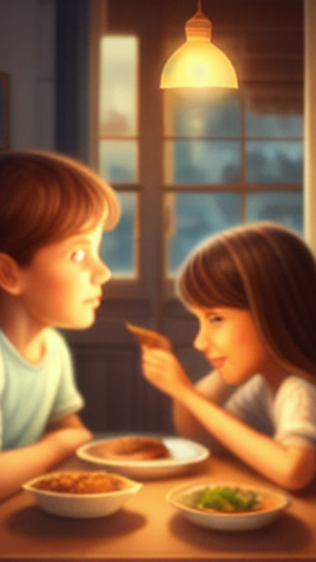 Children revealing dreams and fears, parents visibly moved and touched, close up, emotional expressions, intimate dining room setting with soft lighting and homely decor