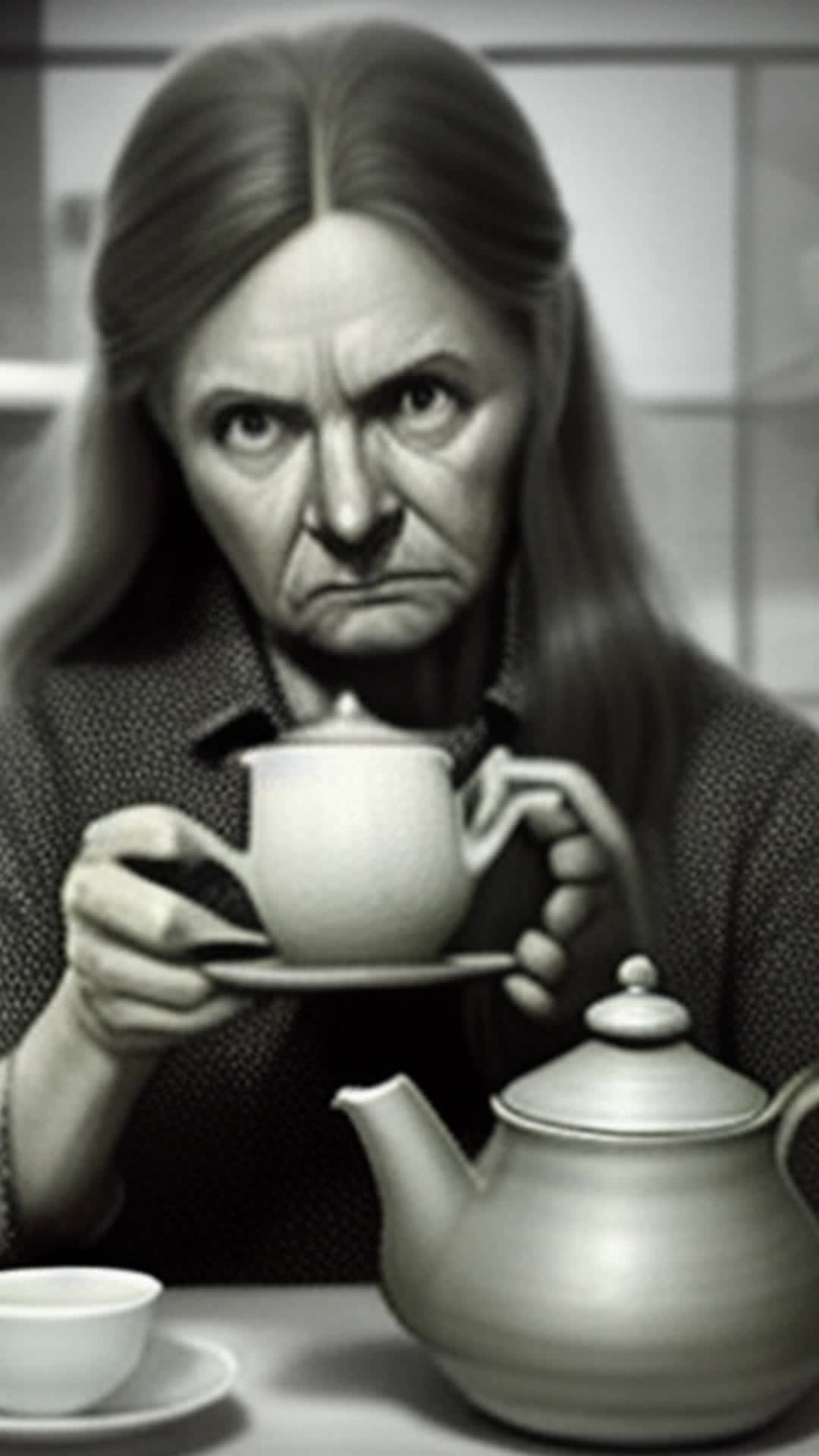 Helen clutching the ancient, cursed teapot, determined expression, deciding to pursue spectral clues, close up, shadowy kitchen with old portraits of village founders hanging on the walls