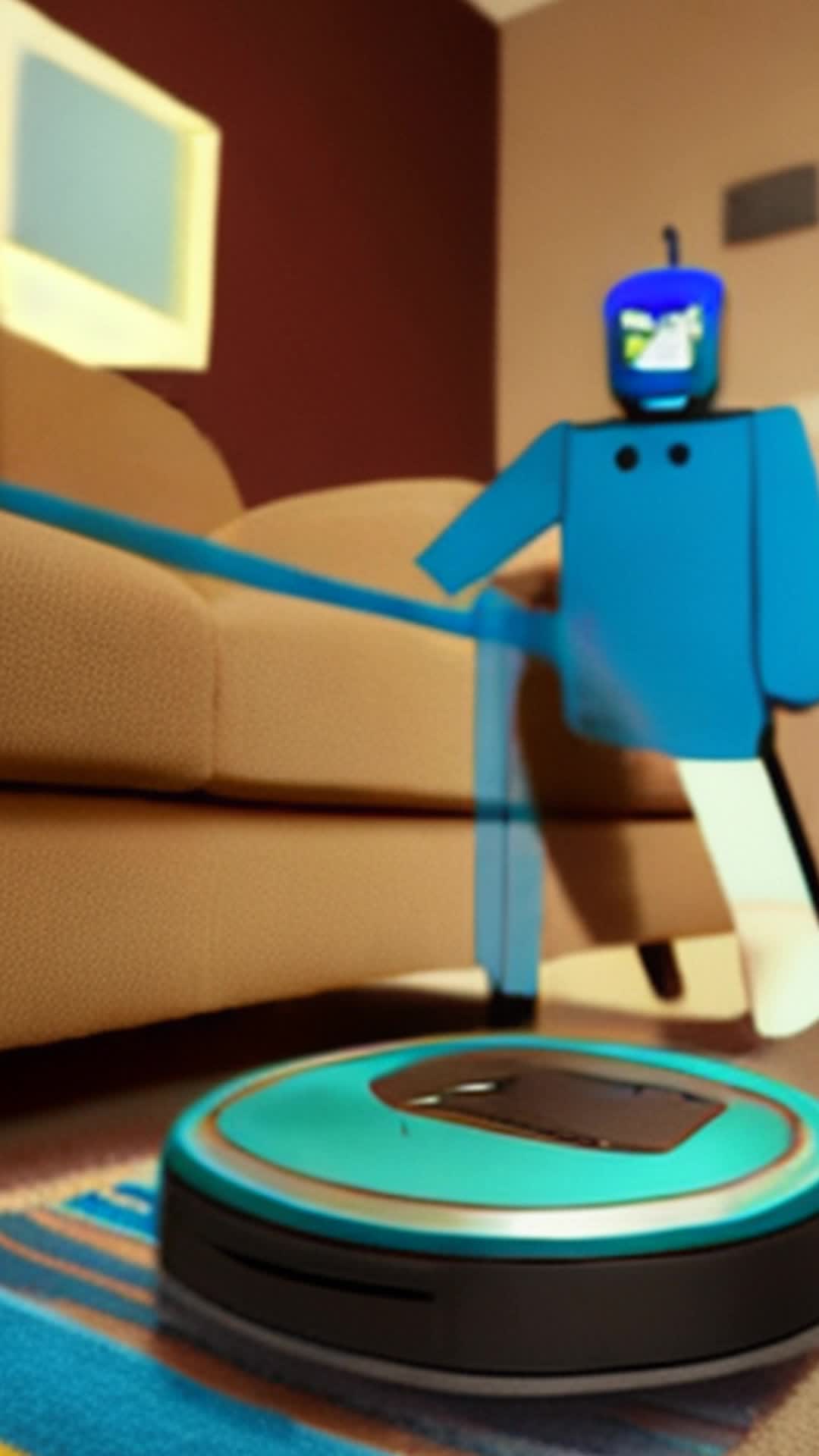 Robot vacuum agilely swerves dodges swiftly tossed blue pillow continues comedic routine unabashedly uproarious laughter family gathered wide angle cozy family room with laughter-filled atmosphere