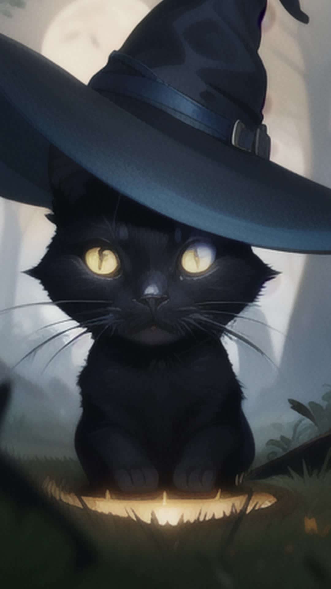 Cute black cat glowing eyes witchs hat prowling close up moonlit forest shadows fog curling around twisted trees 