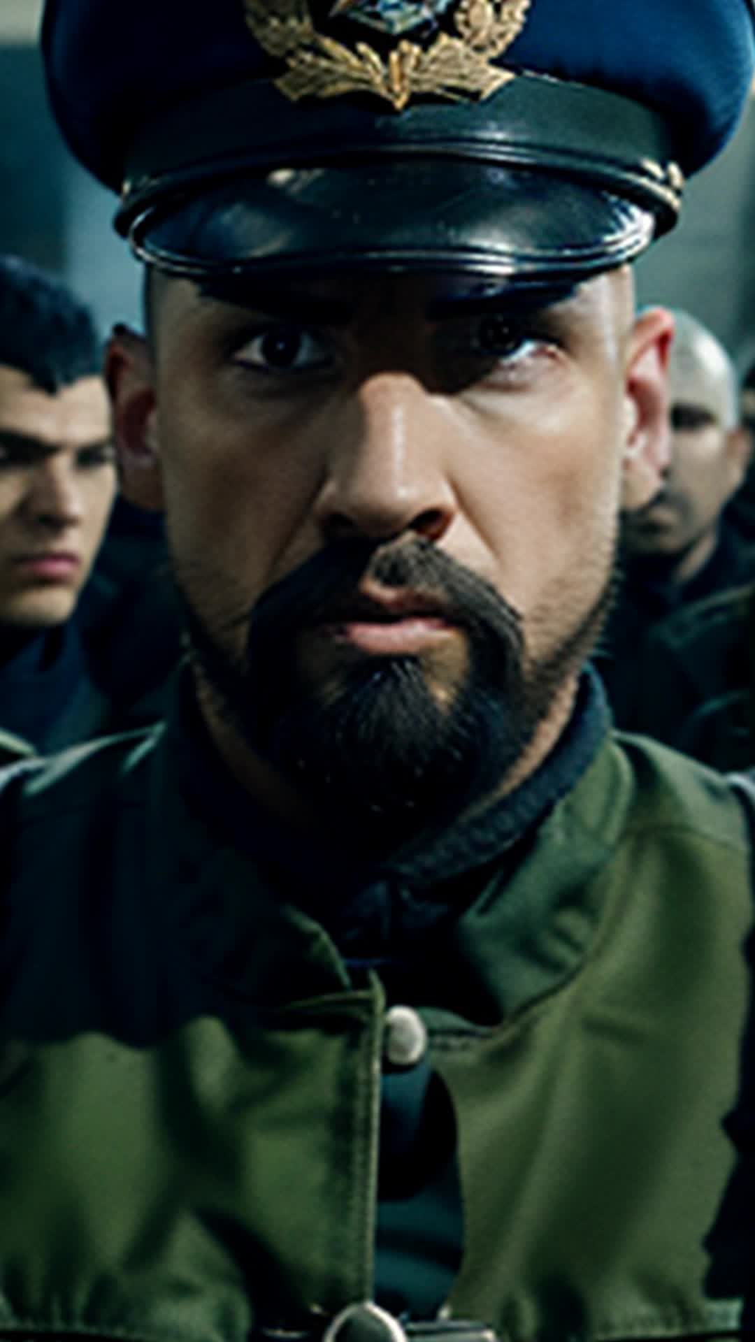 Adrian with fierce expression confronts menacing ringleader close up chaotic battlefield background with soldiers and prisoners