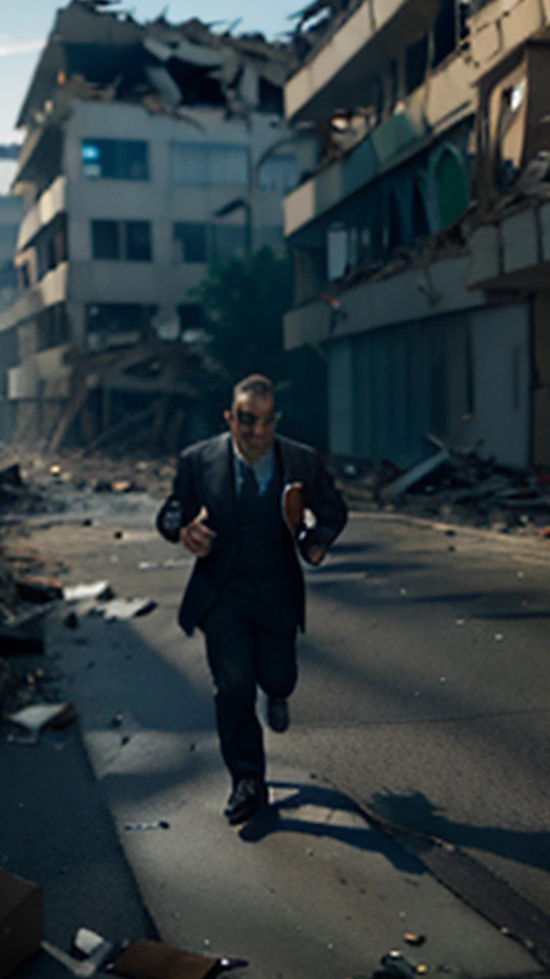 Determined Adrian sprints through debris-strewn streets wide angle devastated urban landscape with crumbling buildings