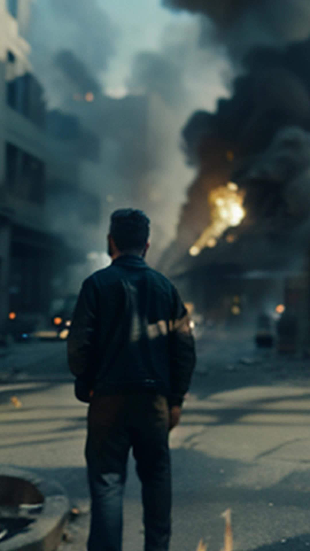 Adrian in tattered clothes dodges smoking tank intense focus wide angle burning cityscape with collapsing buildings