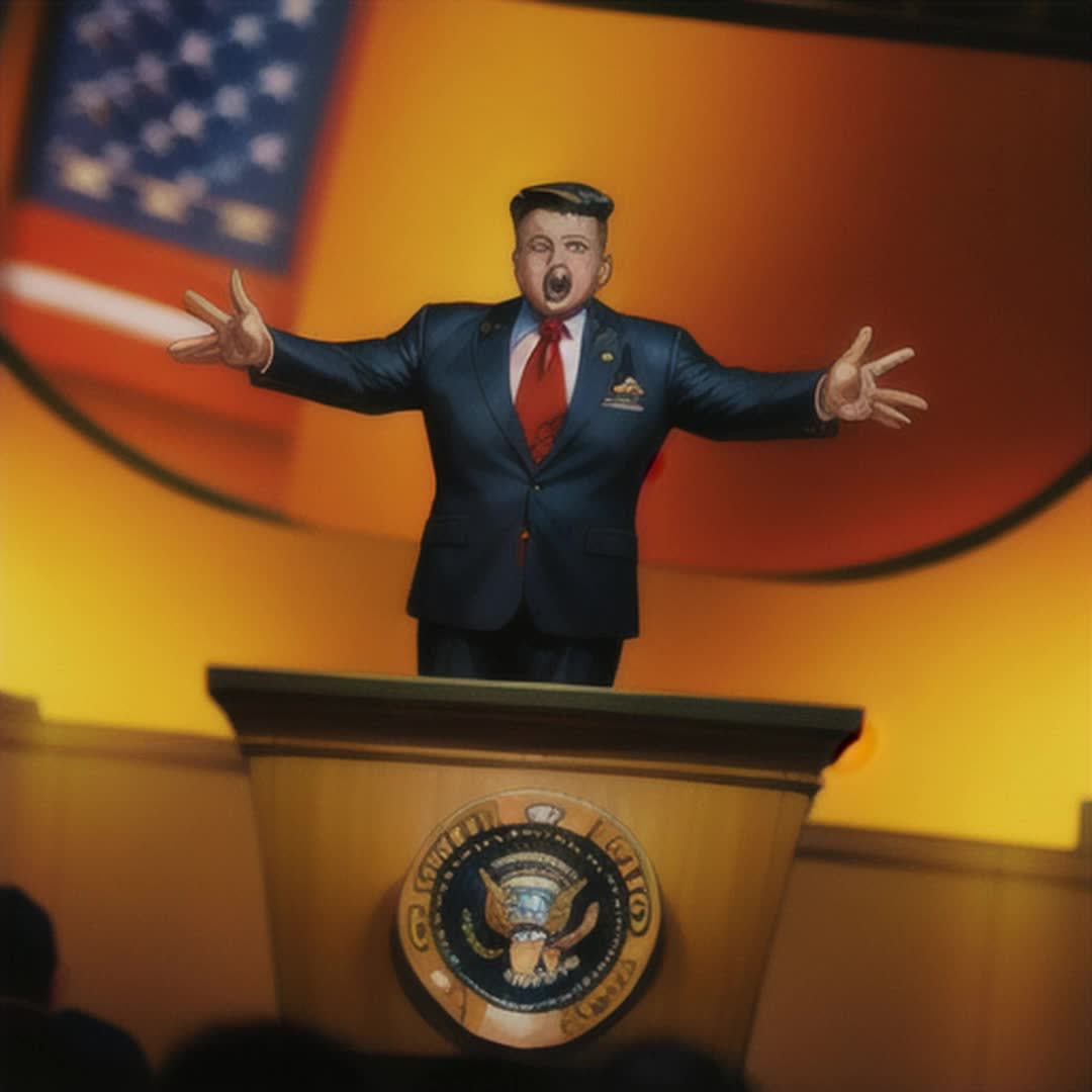 President in oversized suit arms dramatically outstretched wide angle crowded press room brightly lit American flag backdrop