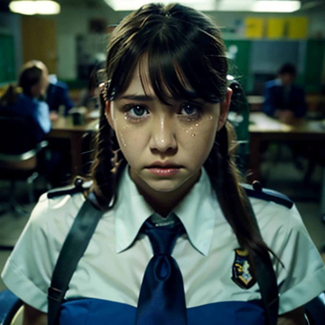 A girl with n uniform being paddled by the principal  Realistic brutal graphic tears