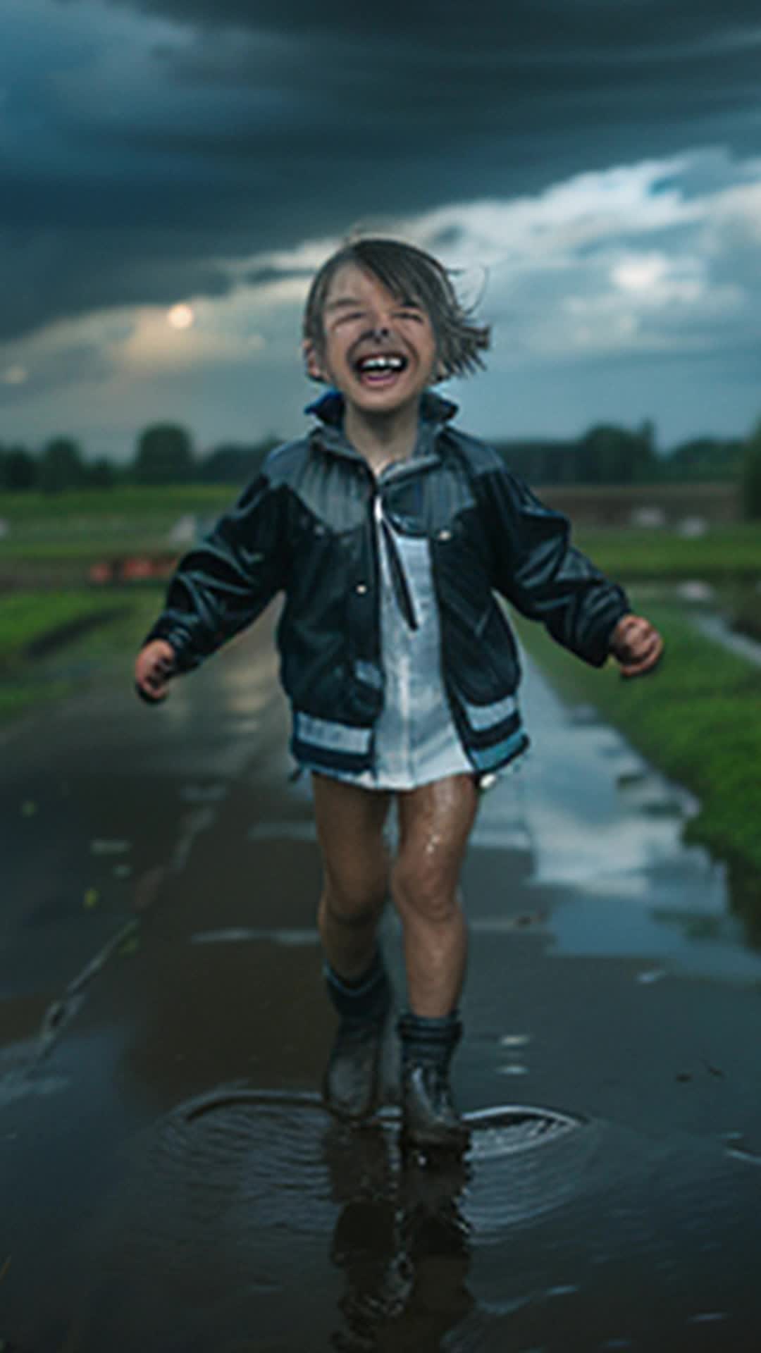 Playful child dances energetically on slippery mud underfoot storm's applause resonates fpv rain-drenched farm with dark storm clouds overhead