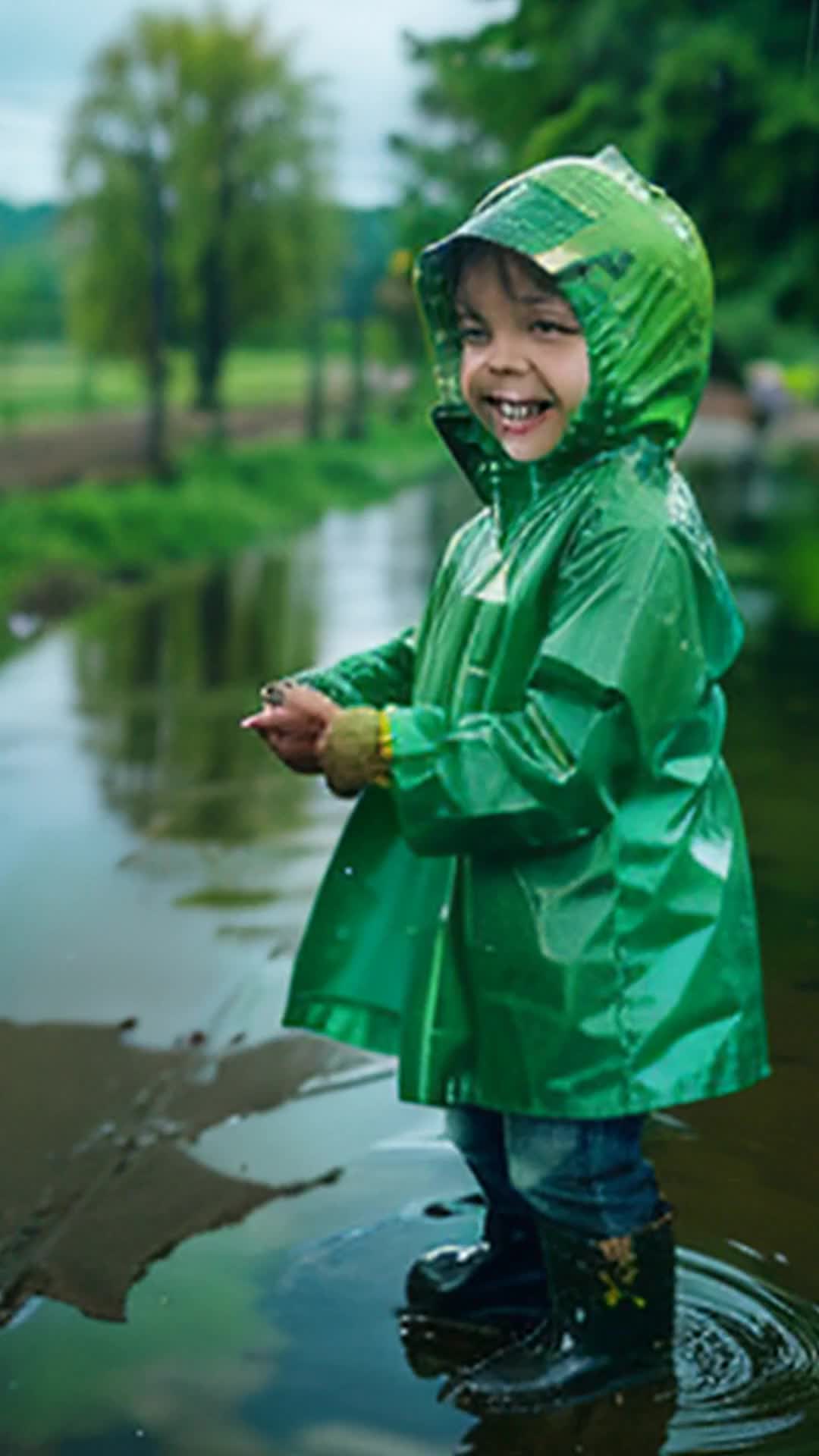 Child enjoying in rain in green farm