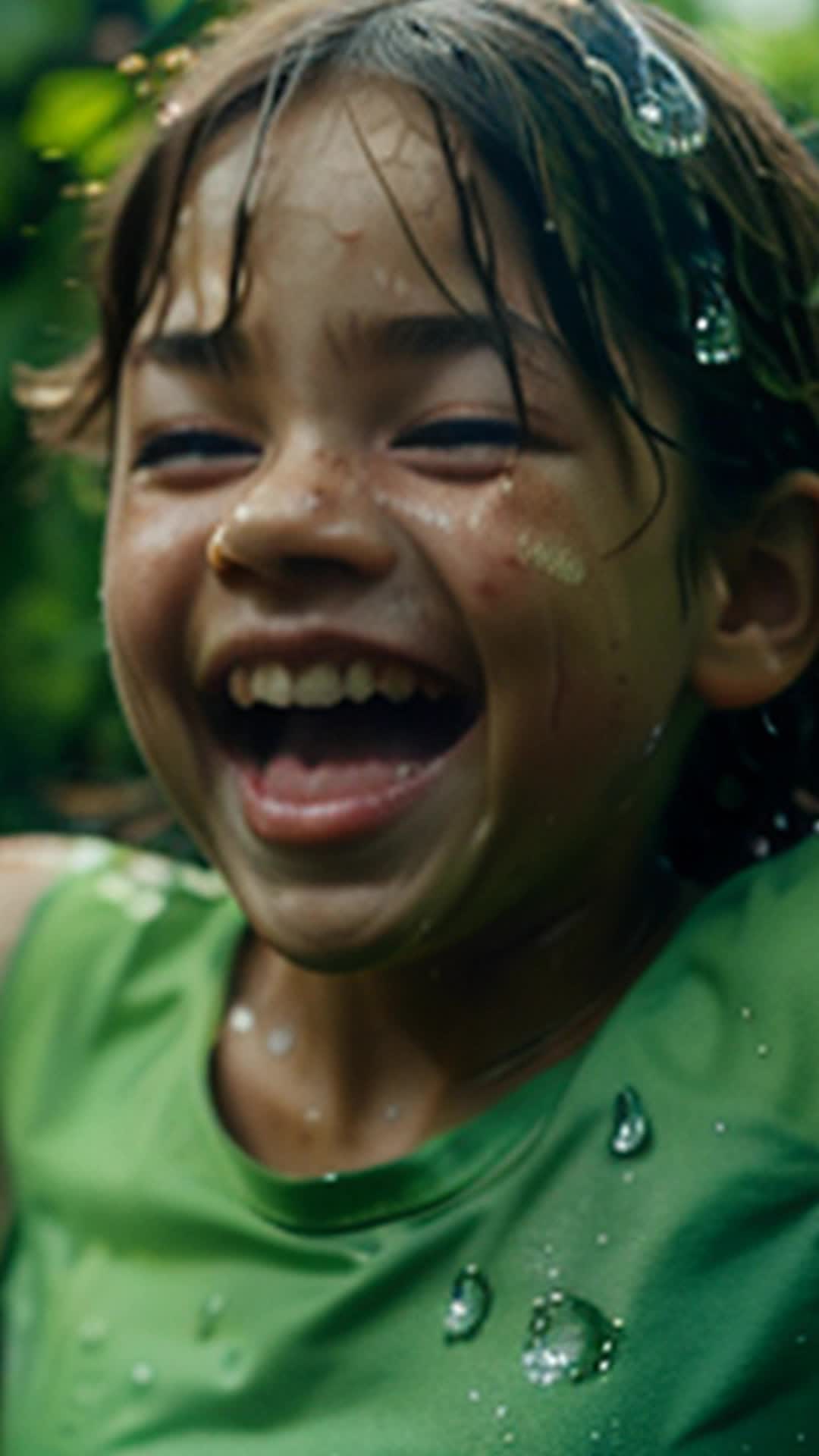 Exuberant child with arms spread wide laughing heartily embracing the pelting rain close up vibrant green farm backdrop with raindrops glistening on leaves