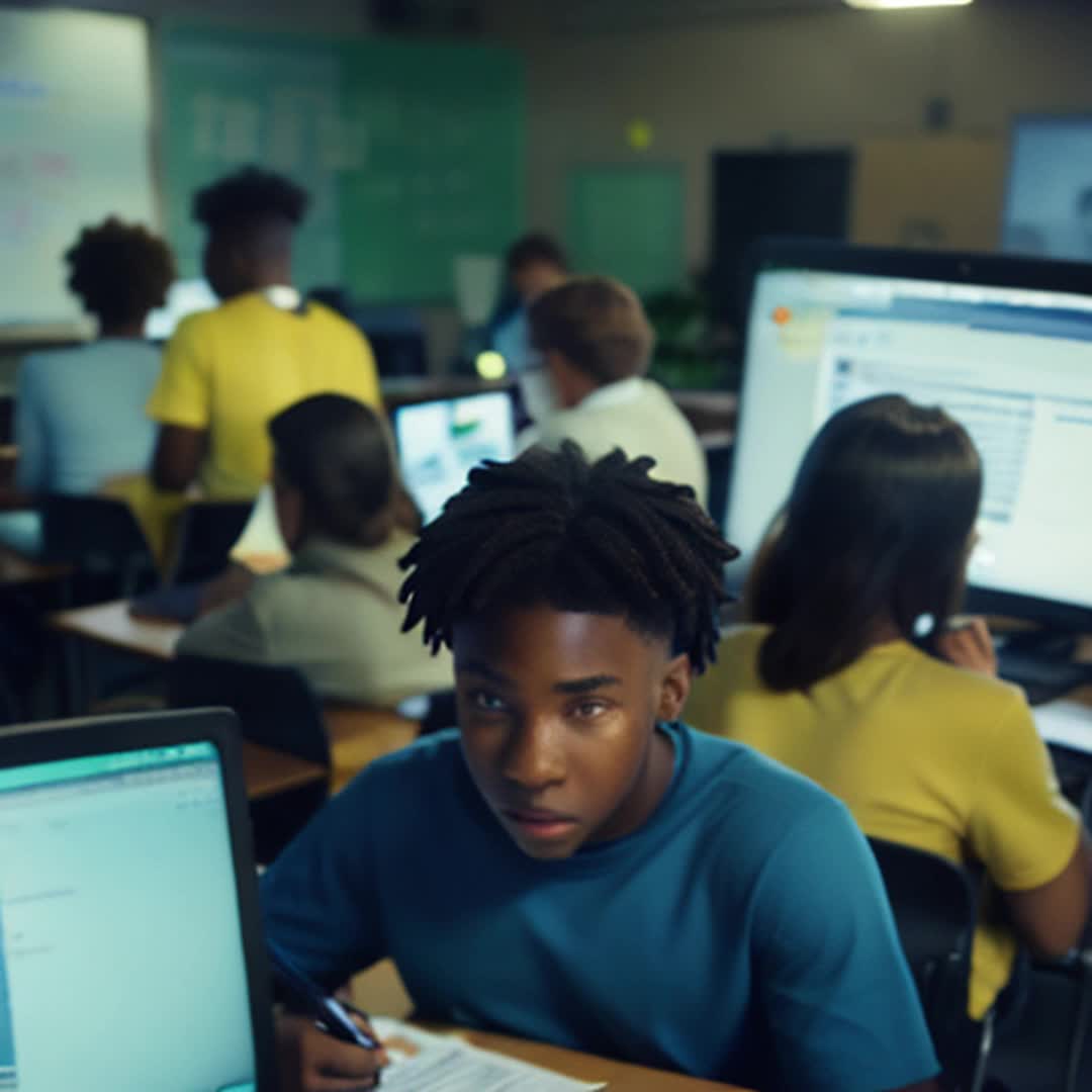 Diverse group of high school coders enthusiastically collaborating Close up Brightly lit classroom filled with computer screens code visible on monitors books and papers scattered around creative energy palpable