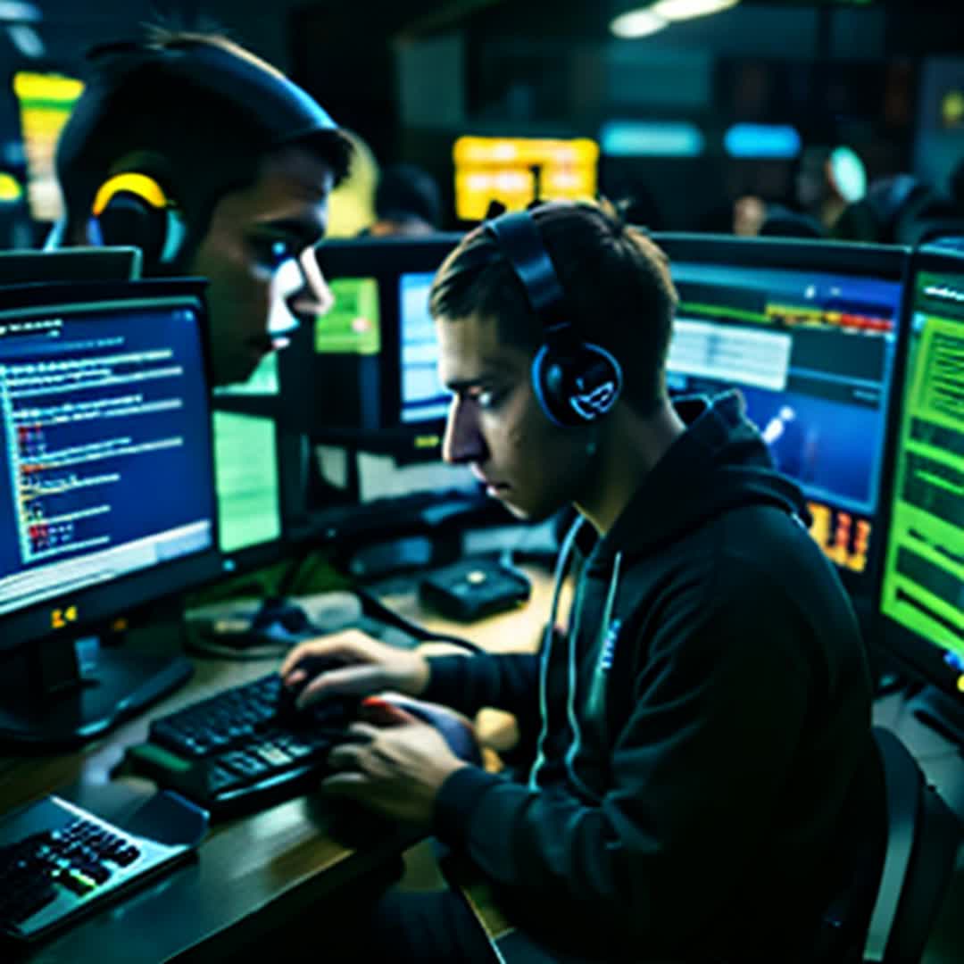 Sweaty teenage hacker, passing USB drive stealthily, downloading critical data, wide angle, cluttered hacker den with monitors displaying code and digital maps